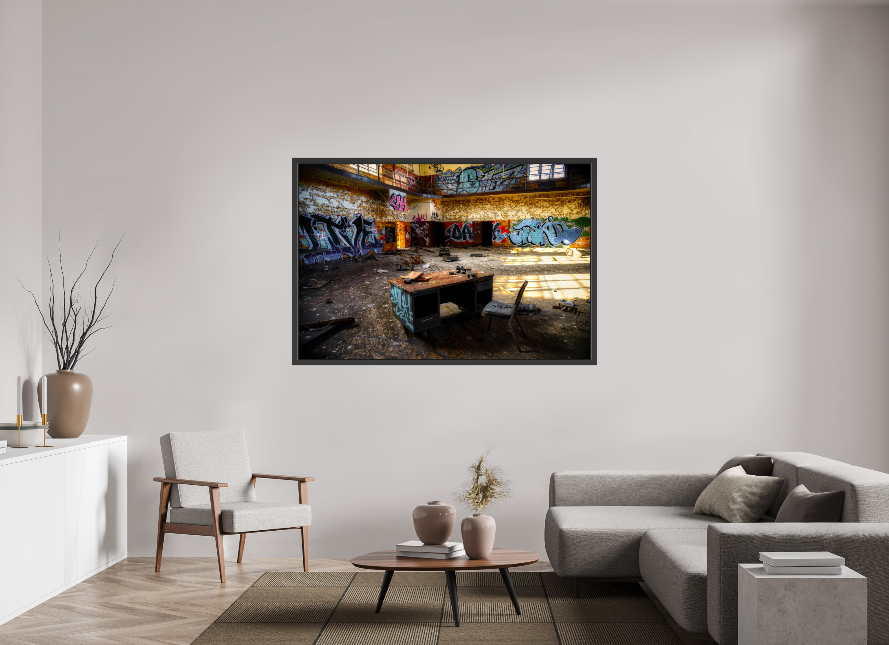 66 x 44″, Framed (Black) Gym at Abandoned High School