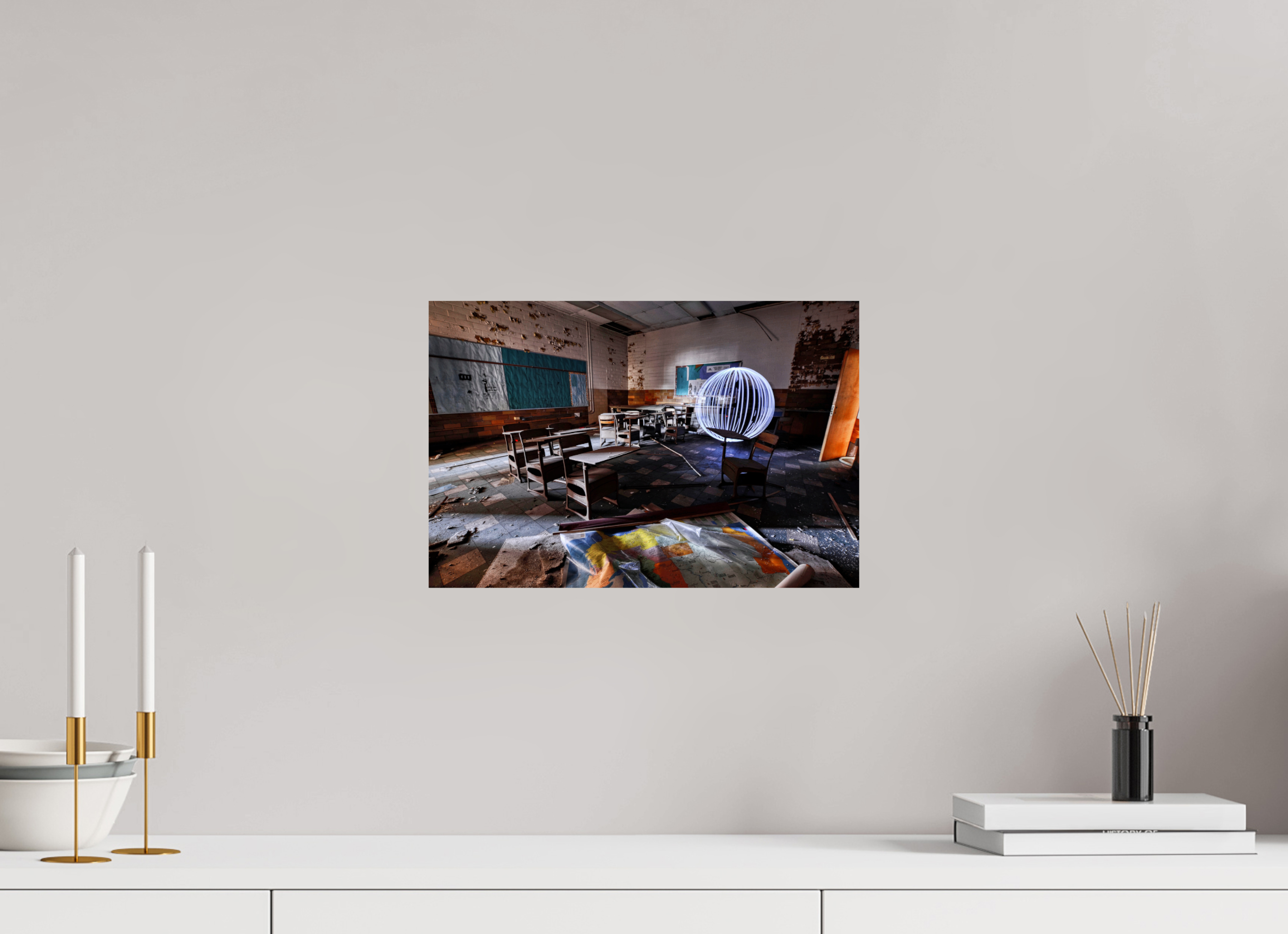 15 x 10″, Photo Print On Fuji Crystal DP II White Orb in Abandoned Classroom