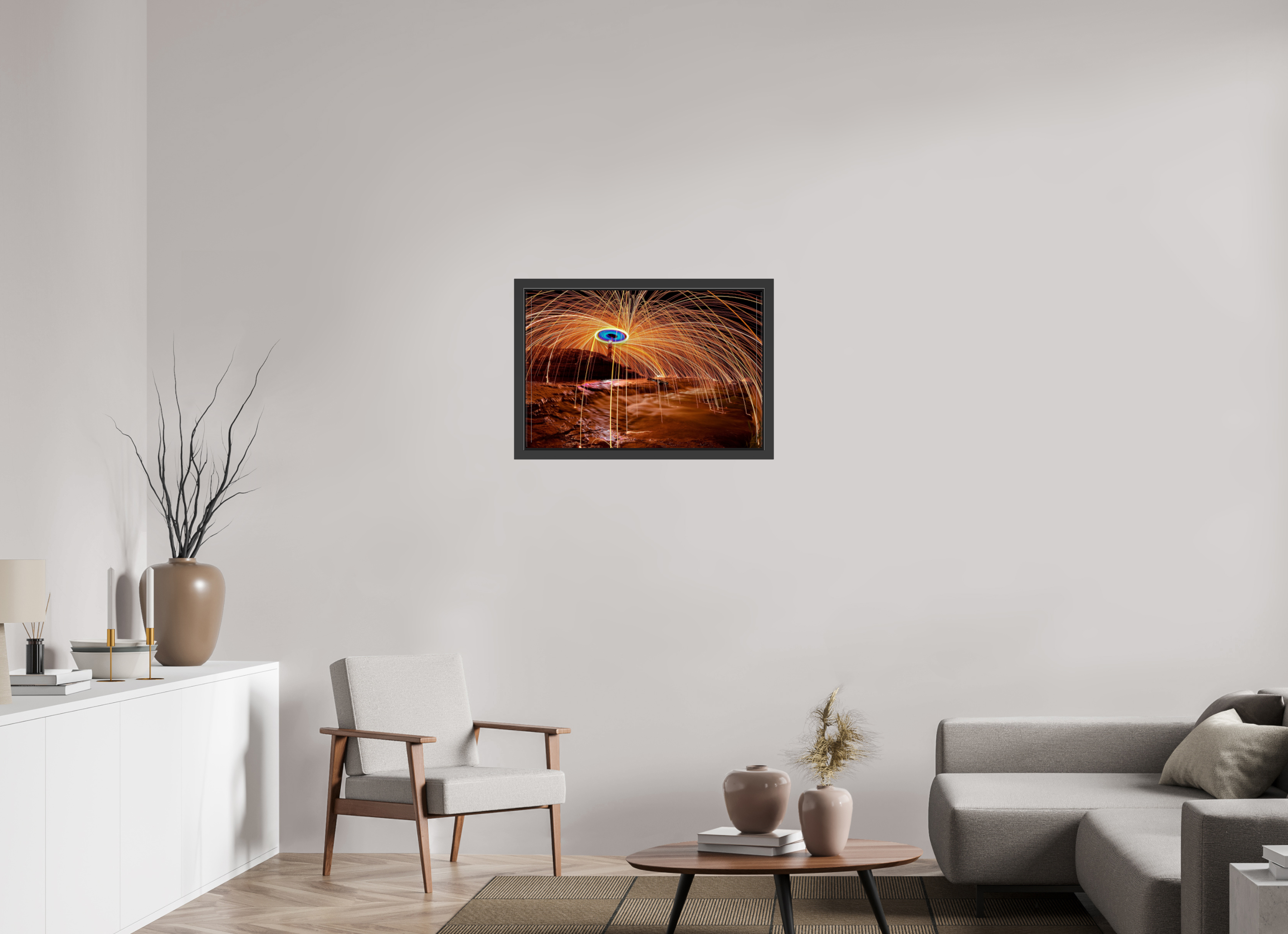30 x 20″, Framed (Black) Steel Wool over Waterfall