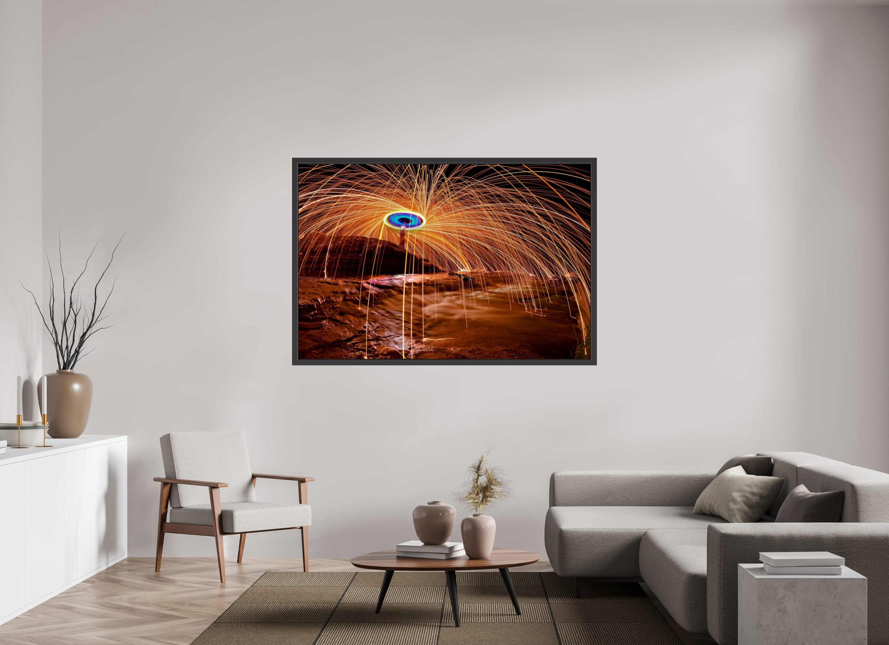 66 x 44″, Framed (Black) Steel Wool over Waterfall