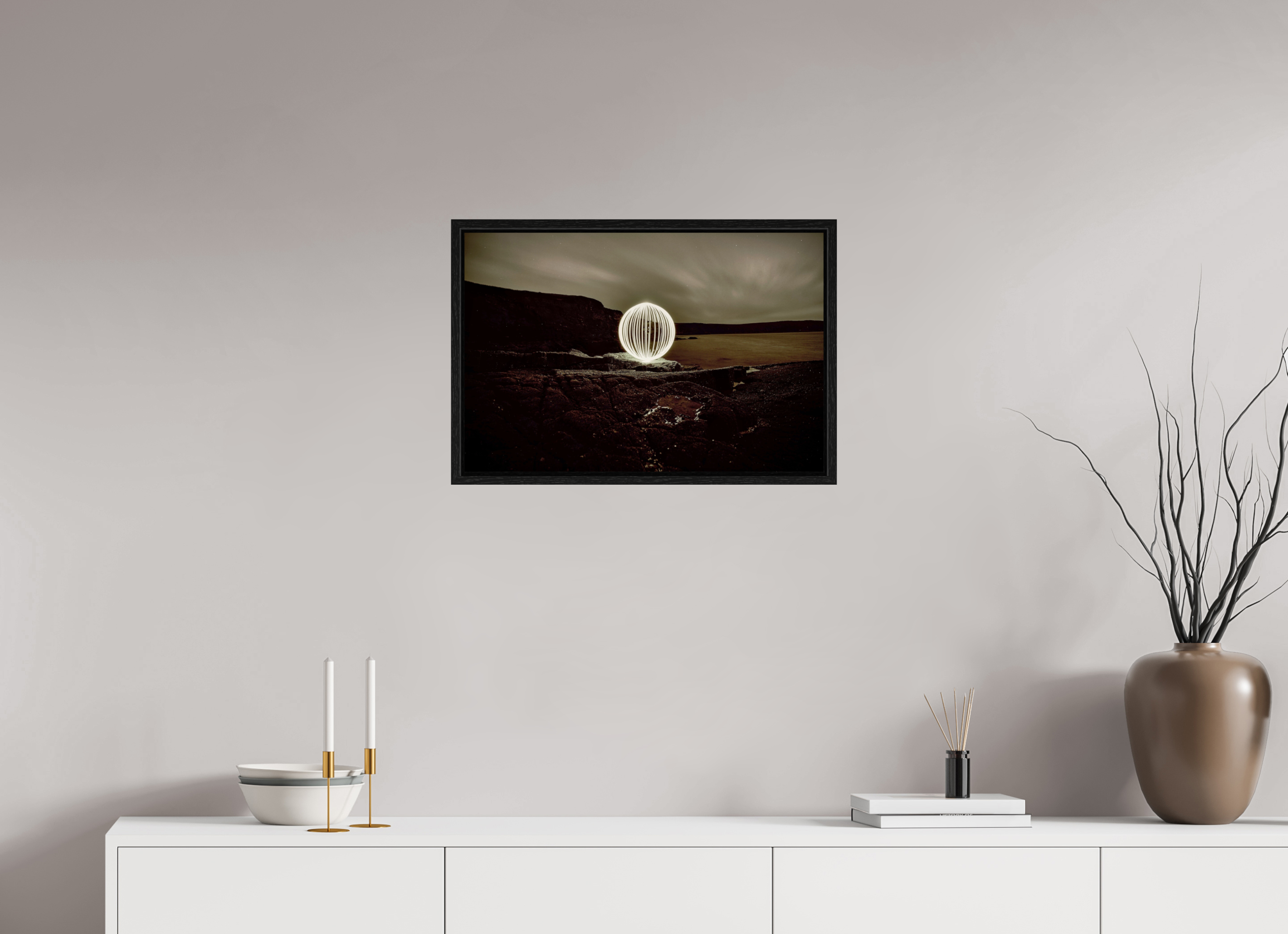 24 x 16″, Floater Frame B&W Orb on the beach in Wales