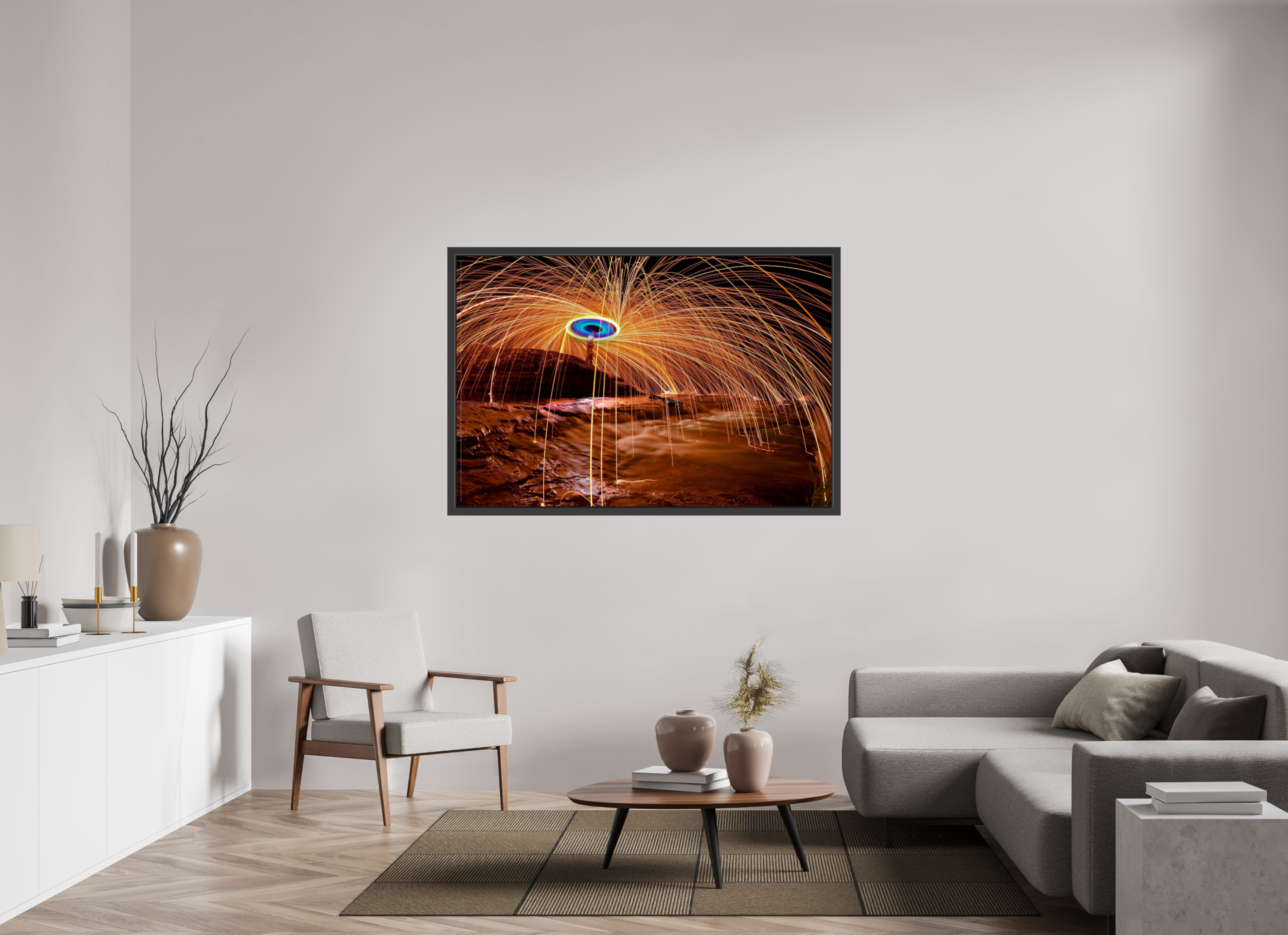 60 x 40″, Framed (Black) Steel Wool over Waterfall