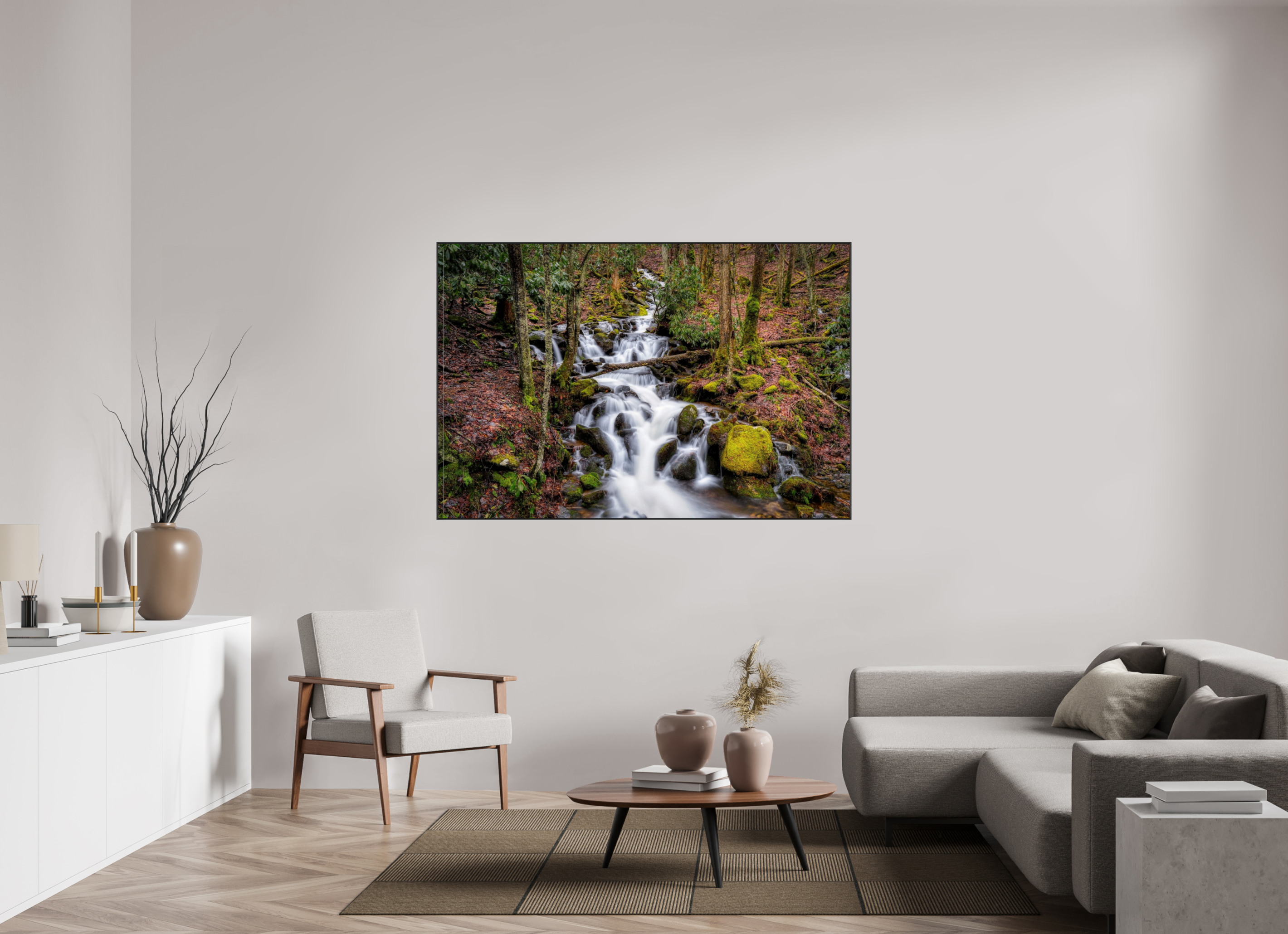 66 x 44″, Famed Aluminum (Black) Waterfall in Smokey Mountain National Park
