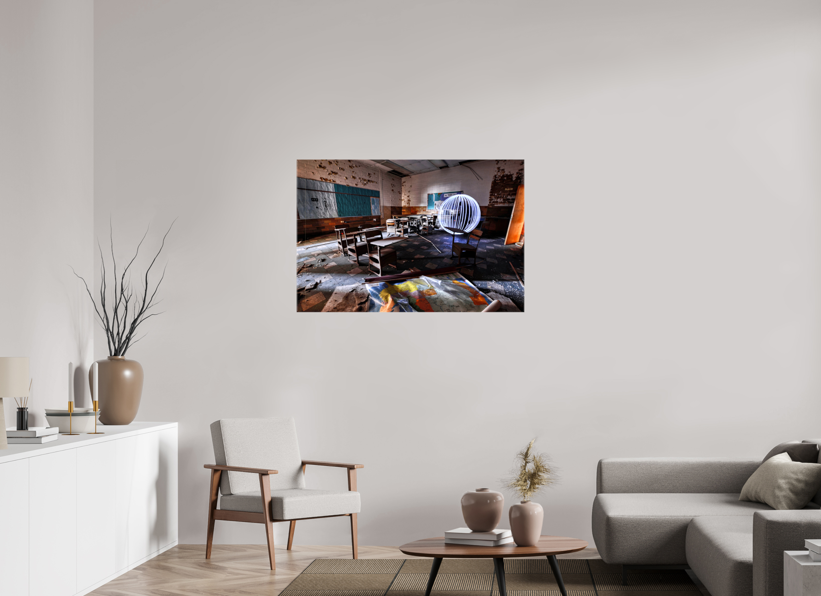 45 x 30″, Glossy Canvas White Orb in Abandoned Classroom
