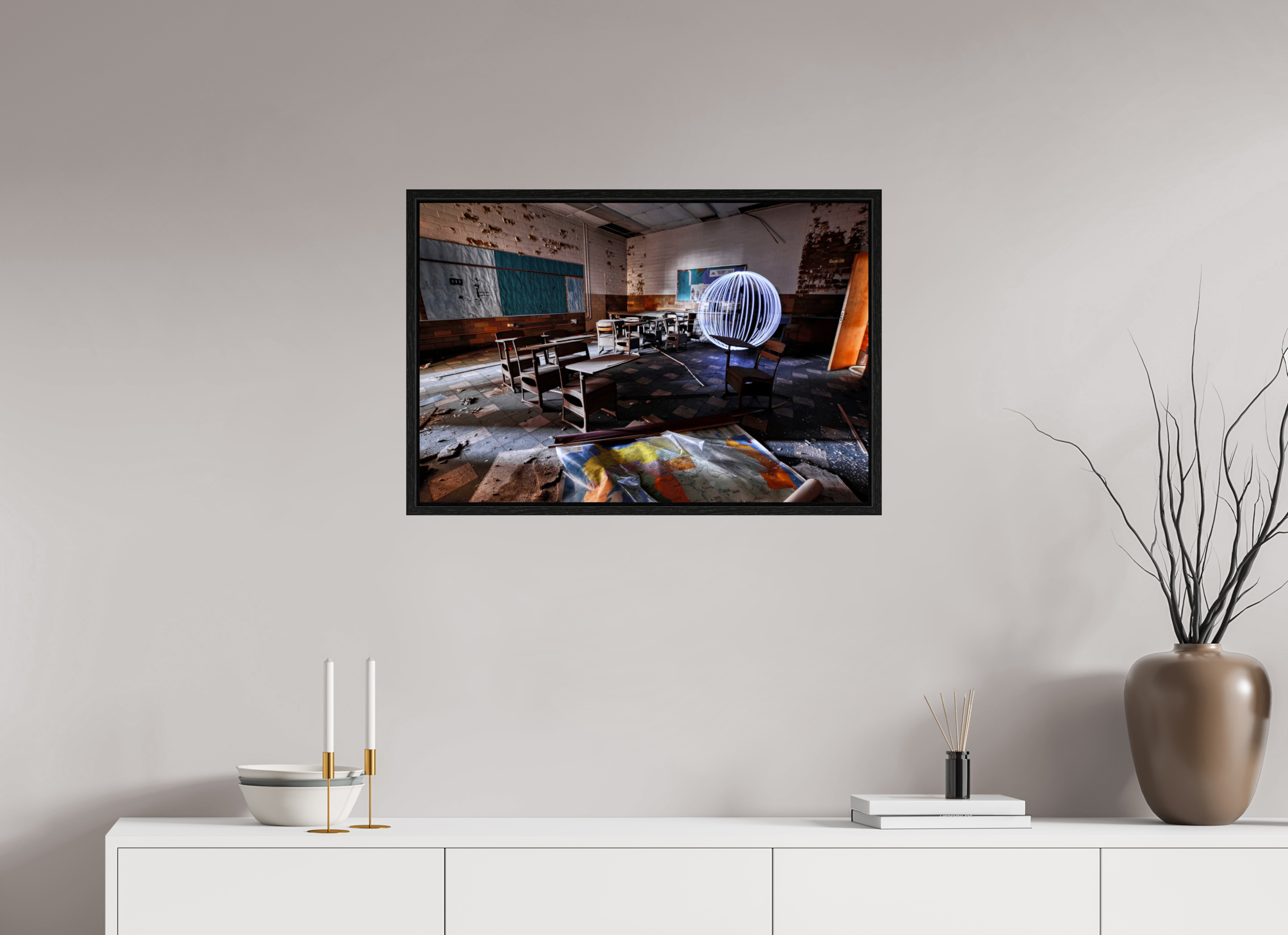 30 x 20″, Floater Frame White Orb in Abandoned Classroom