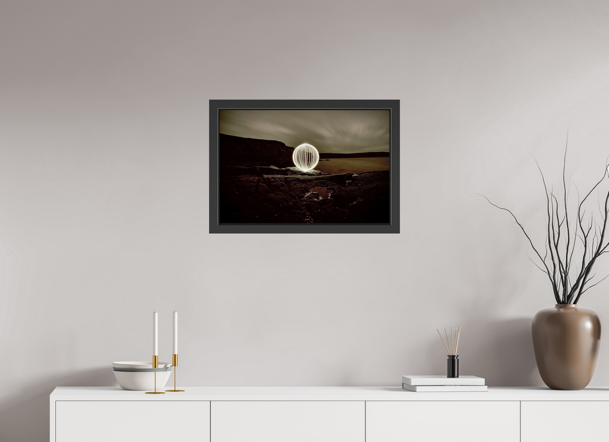 24 x 16″, Framed (Black) B&W Orb on the beach in Wales