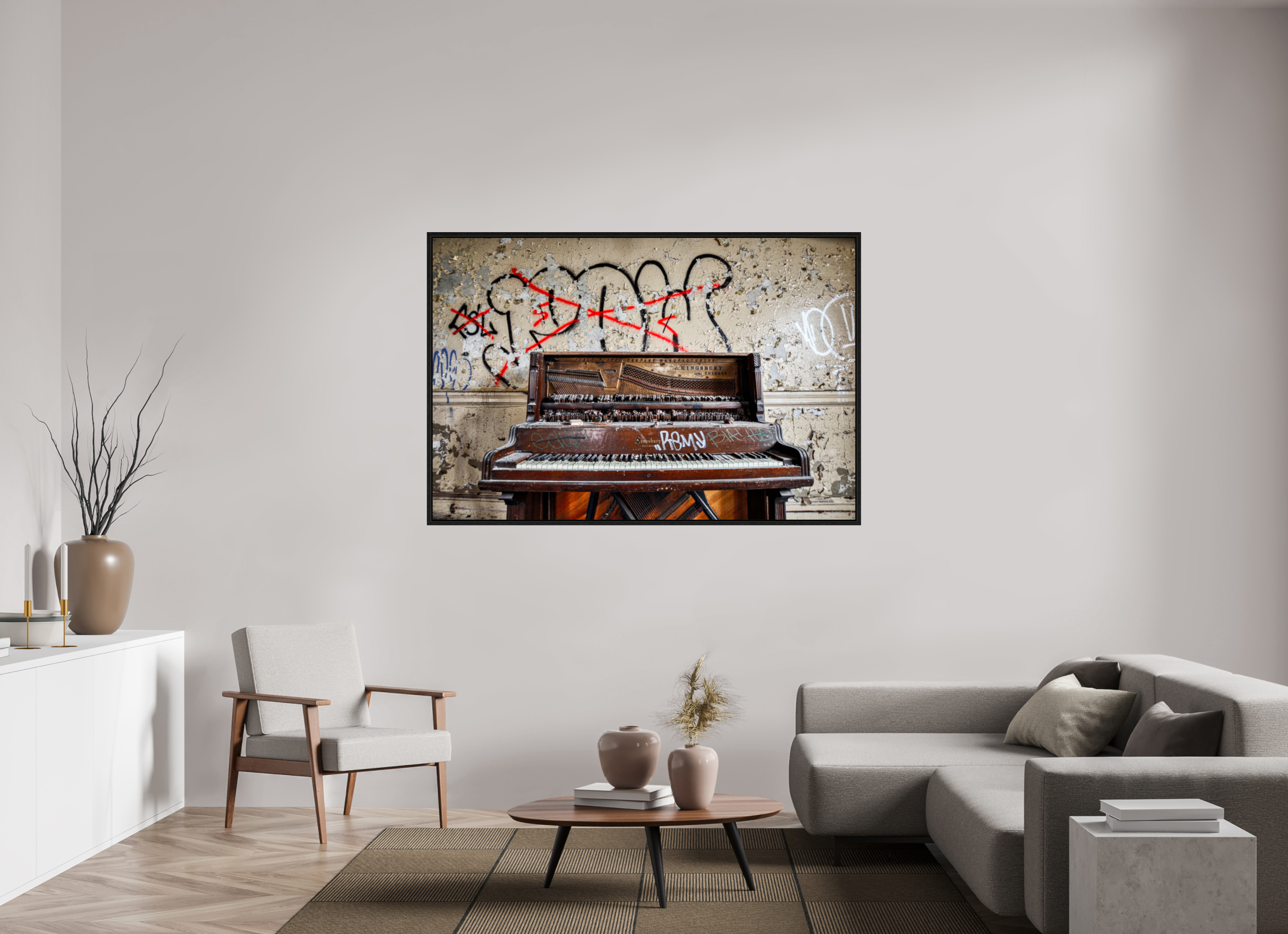 66 x 44″, Floater Frame Abandoned Piano
