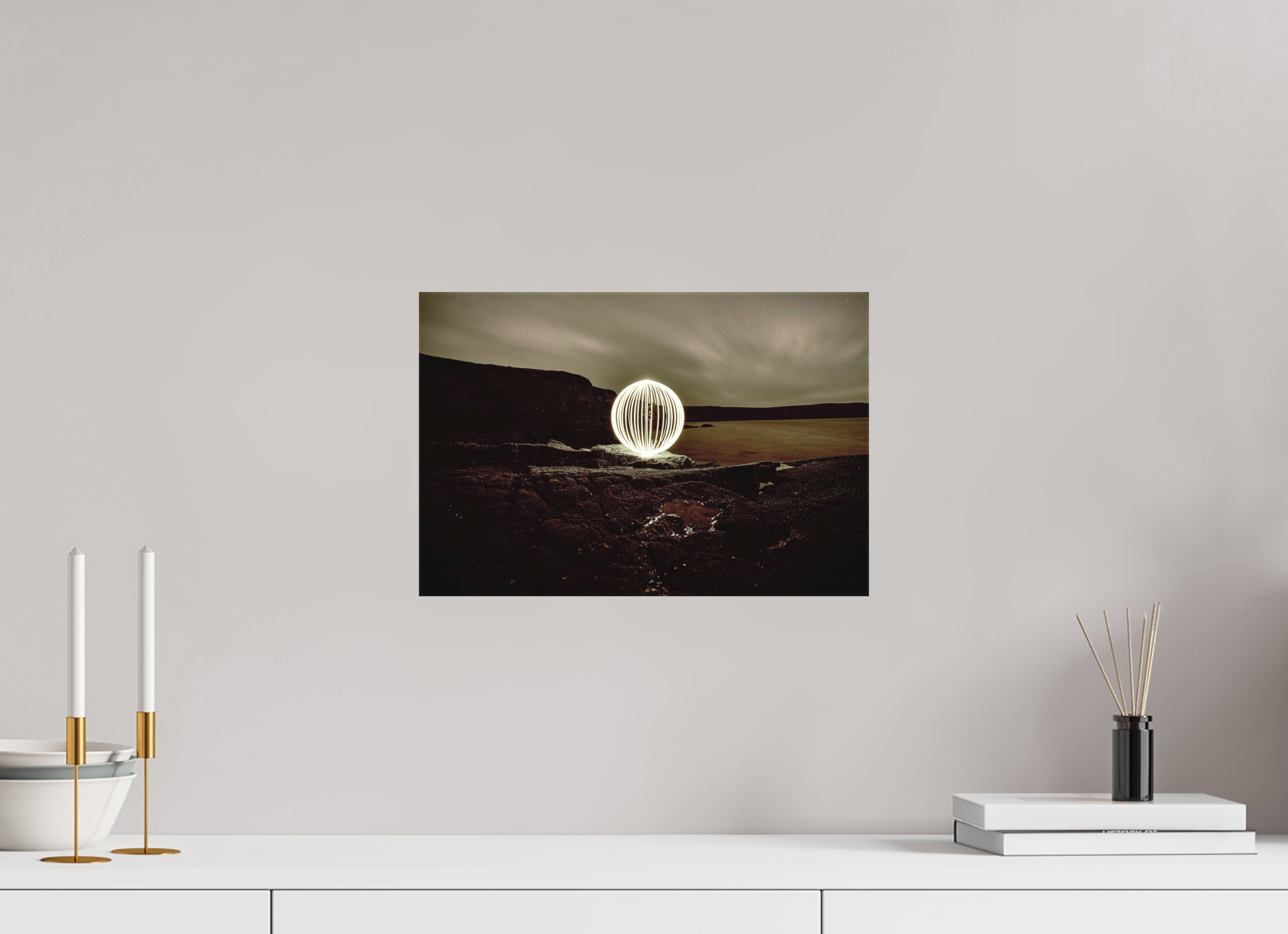 15 x 10″, Matte Canvas B&W Orb on the beach in Wales
