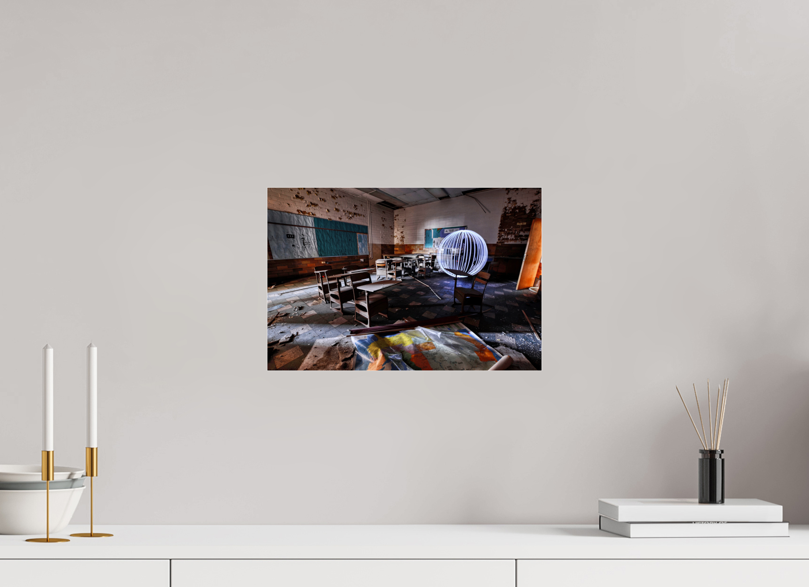 15 x 10″, Glass White Orb in Abandoned Classroom