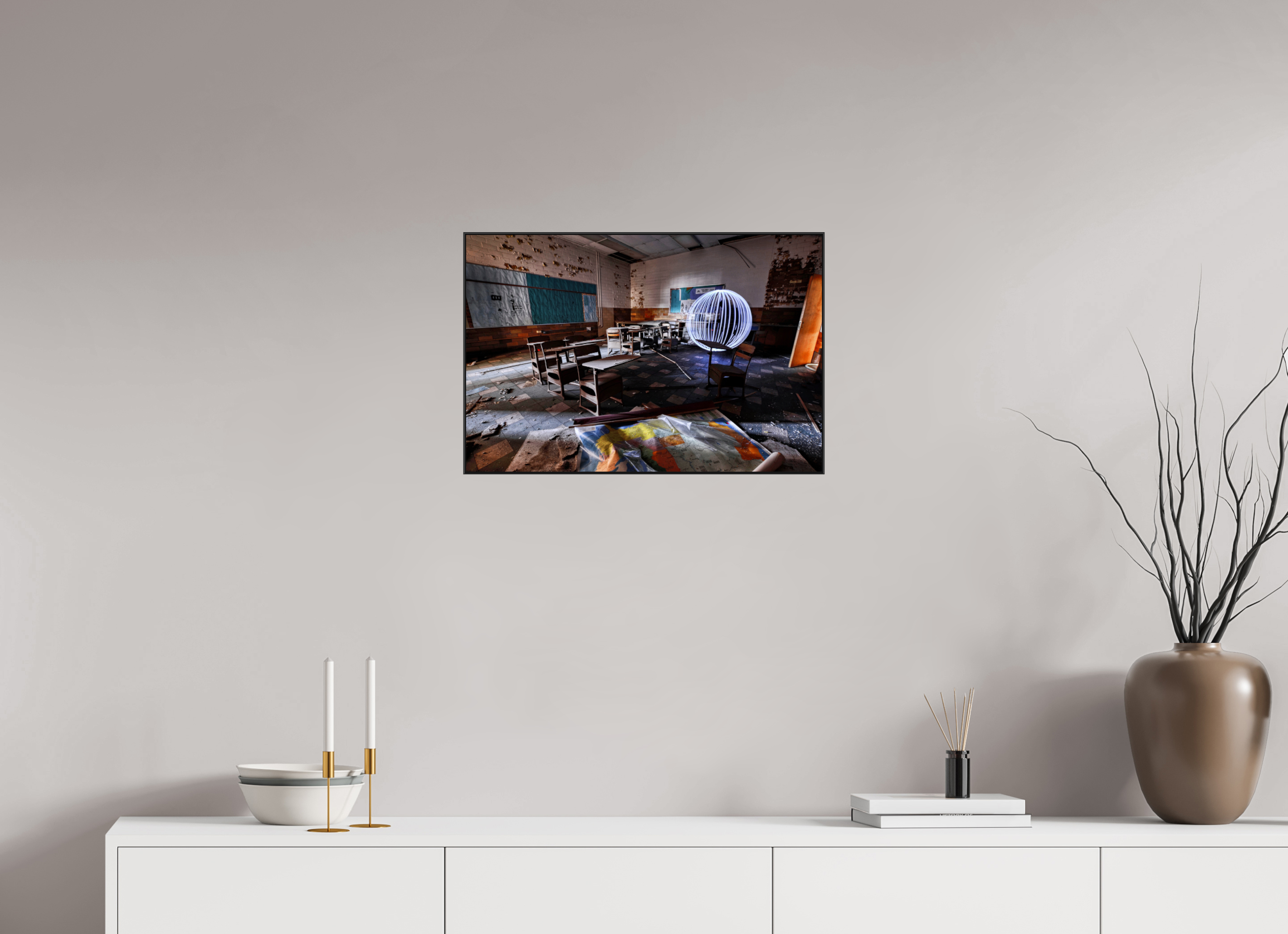 24 x 16″, Photo Print Aluminum (Black) White Orb in Abandoned Classroom