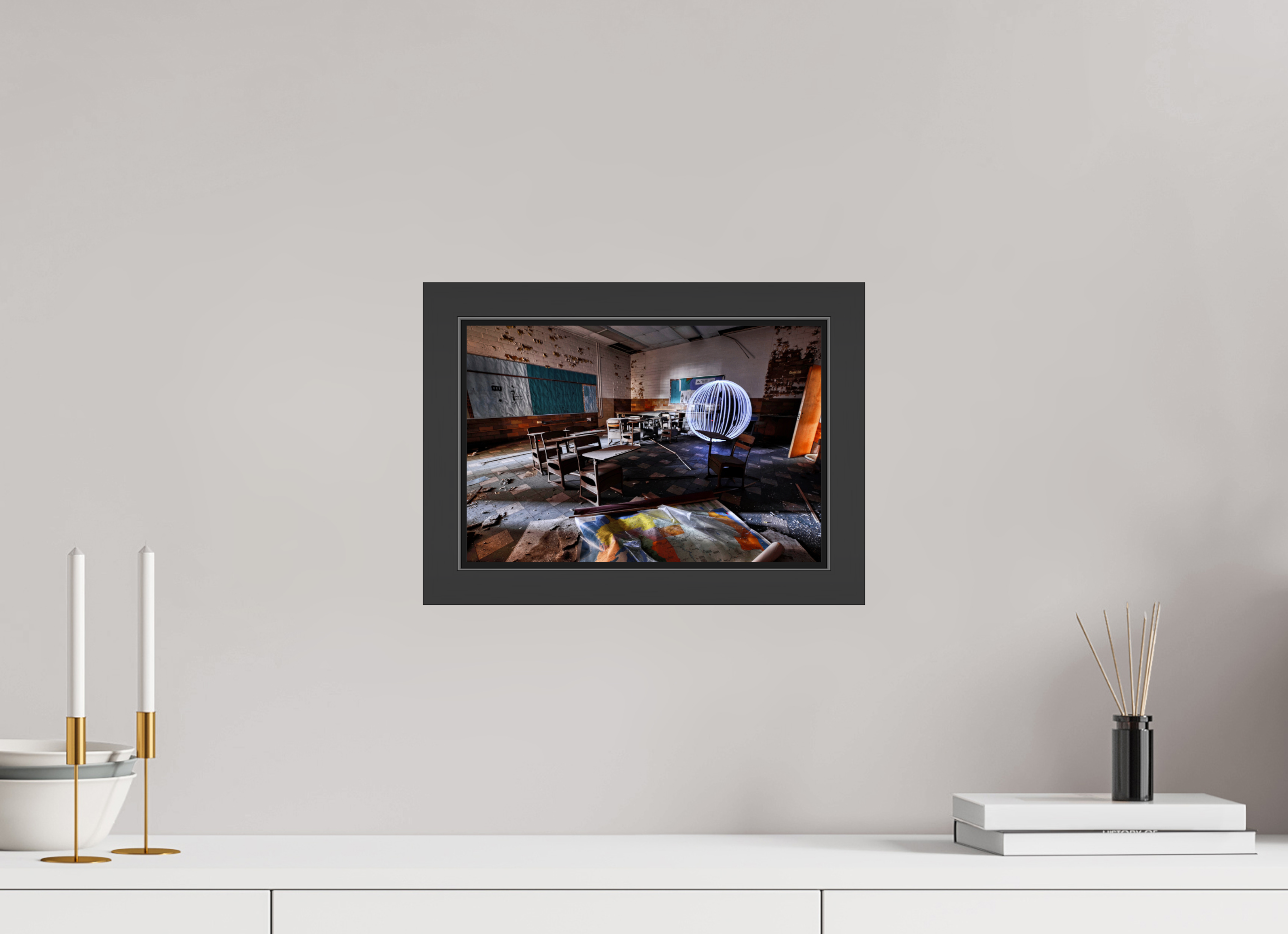 12 x 8″, Framed (Black) White Orb in Abandoned Classroom