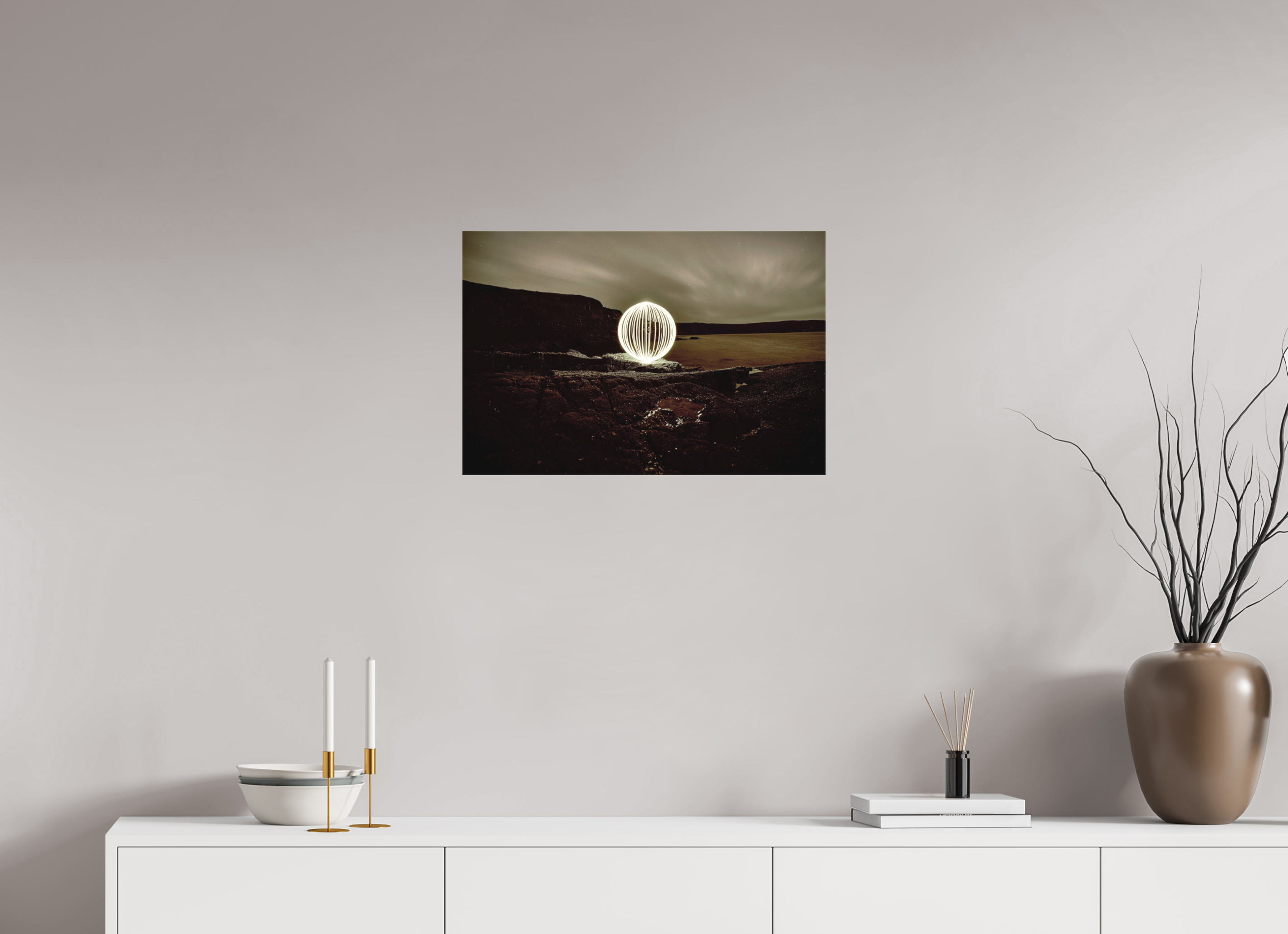 24 x 16″, Matte Canvas B&W Orb on the beach in Wales