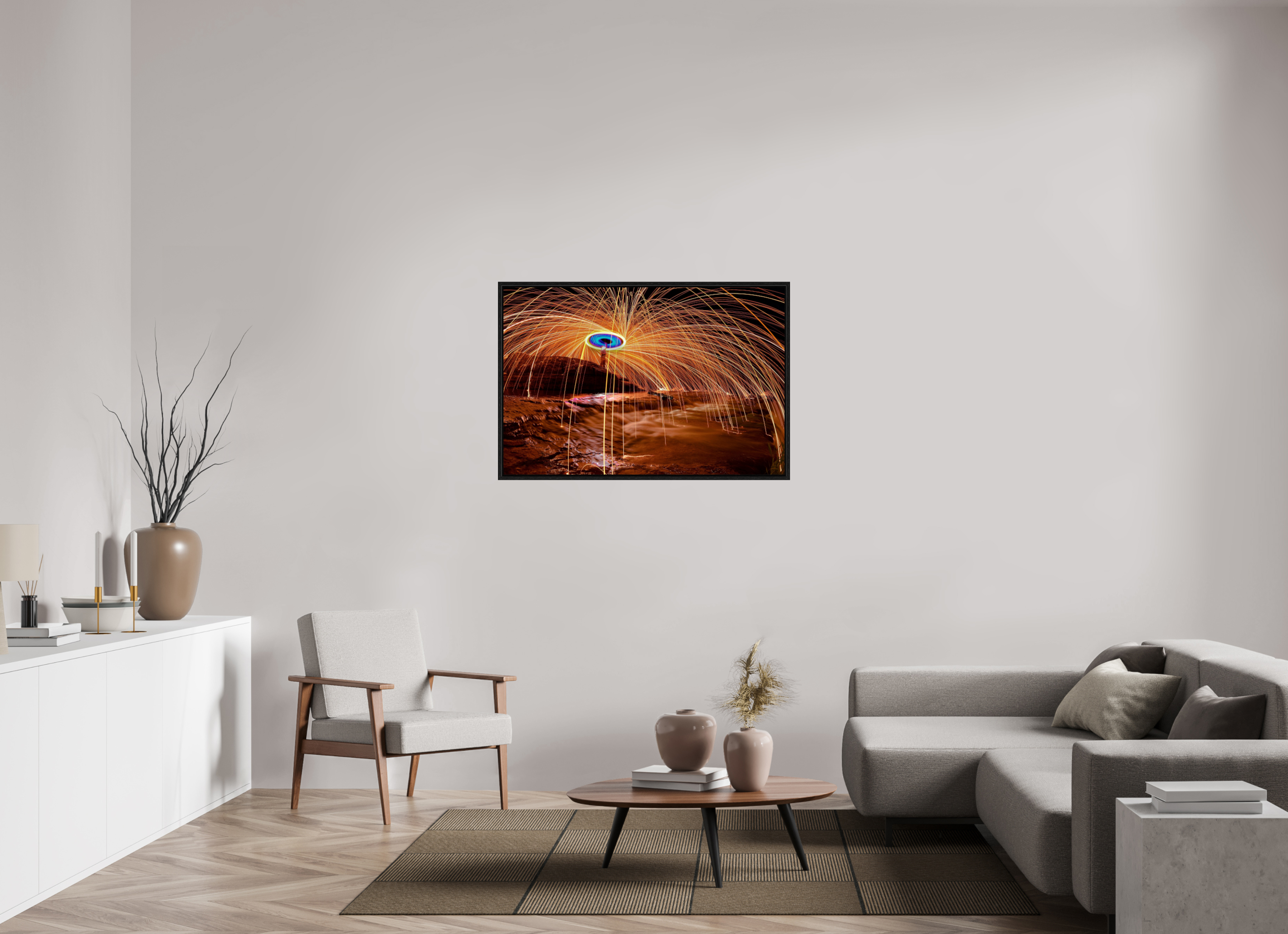 45 x 30″, Floater Frame Steel Wool over Waterfall