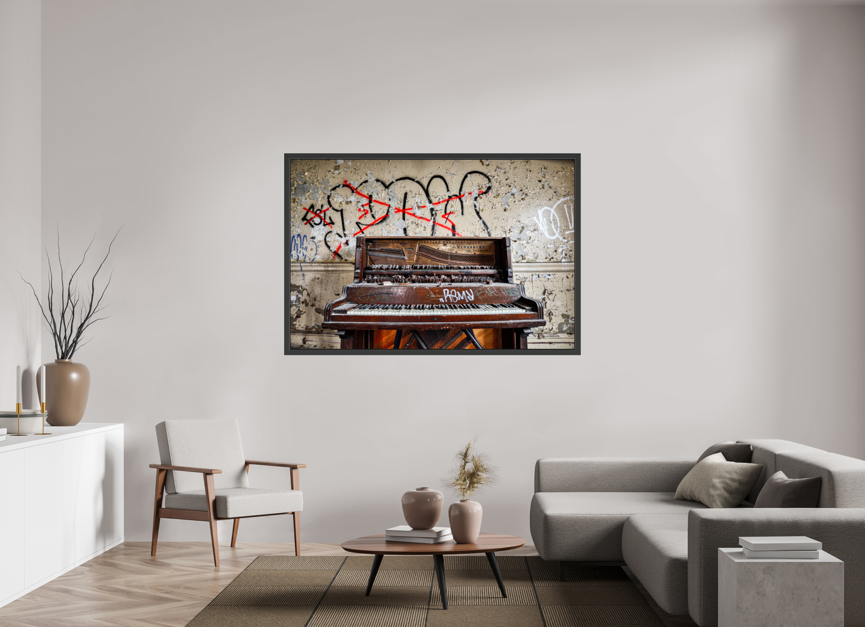 66 x 44″, Framed (Black) Abandoned Piano