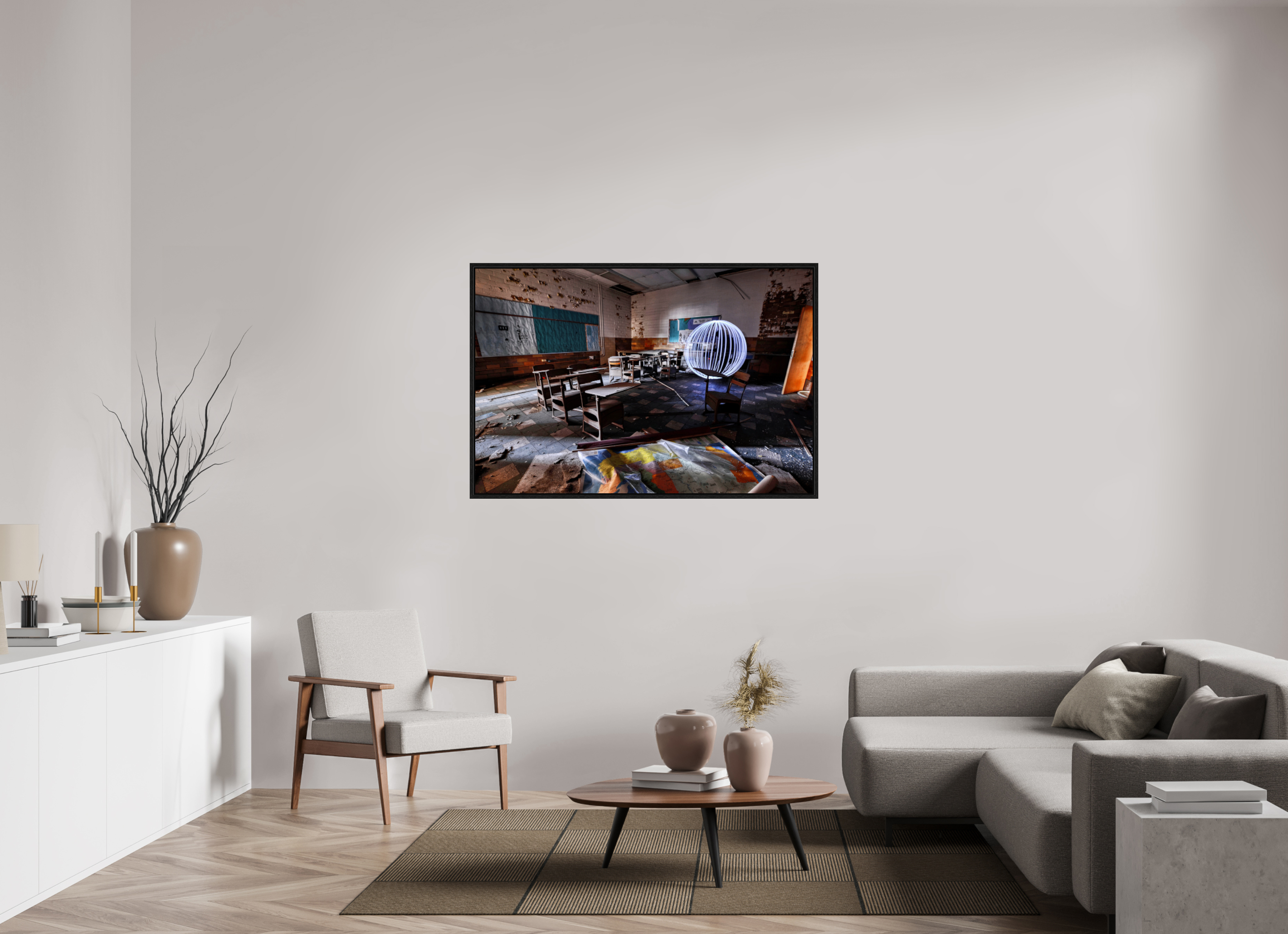 54 x 36″, Floater Frame White Orb in Abandoned Classroom