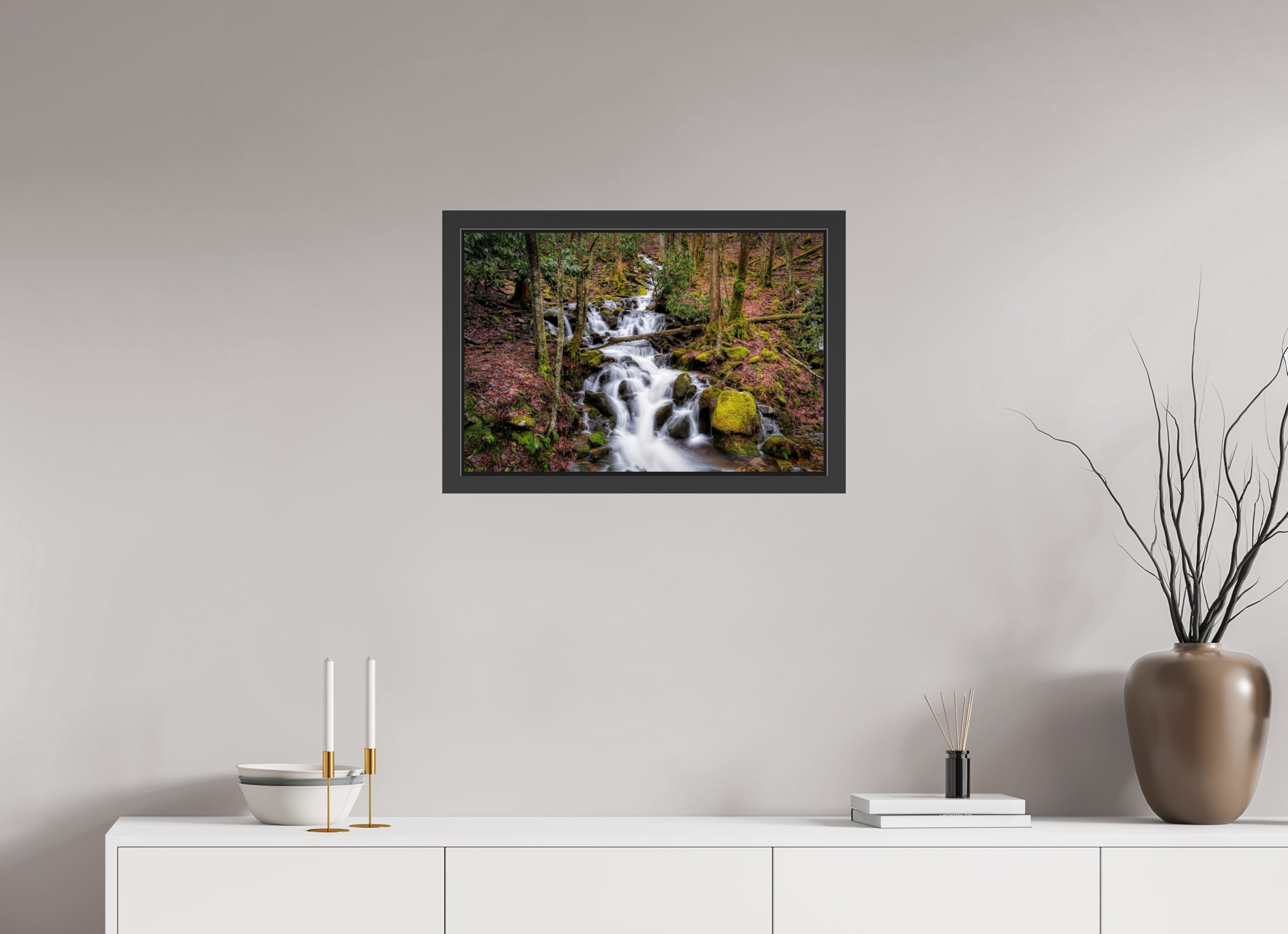 24 x 16″, Framed (Black) Waterfall in Smokey Mountain National Park