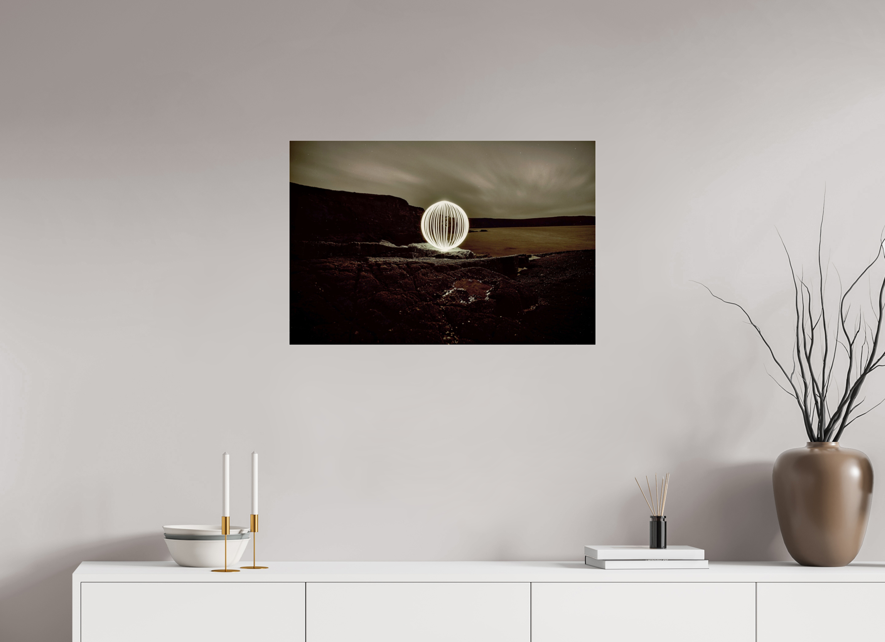 30 x 20″, Glass B&W Orb on the beach in Wales