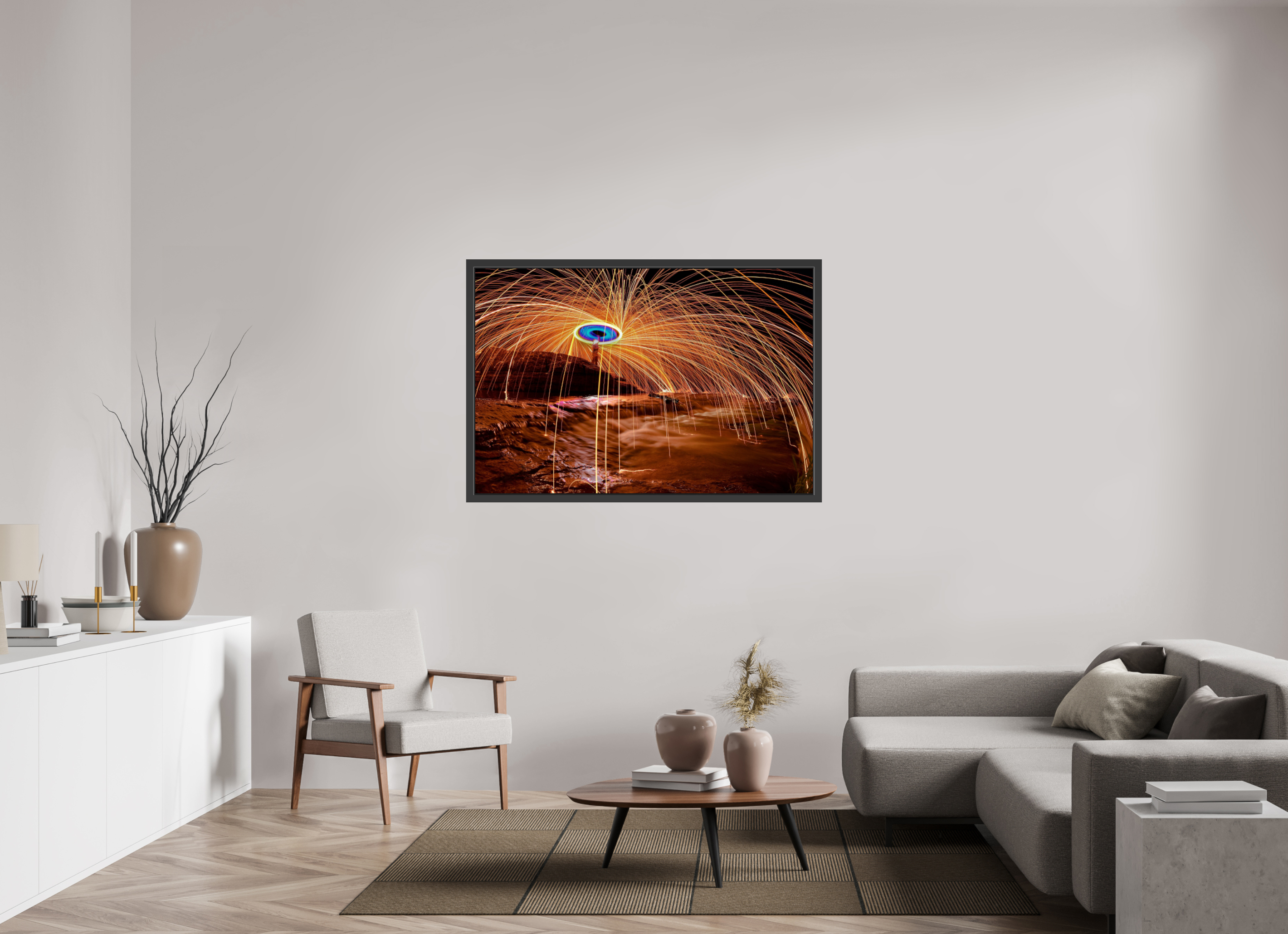 54 x 36″, Framed (Black) Steel Wool over Waterfall