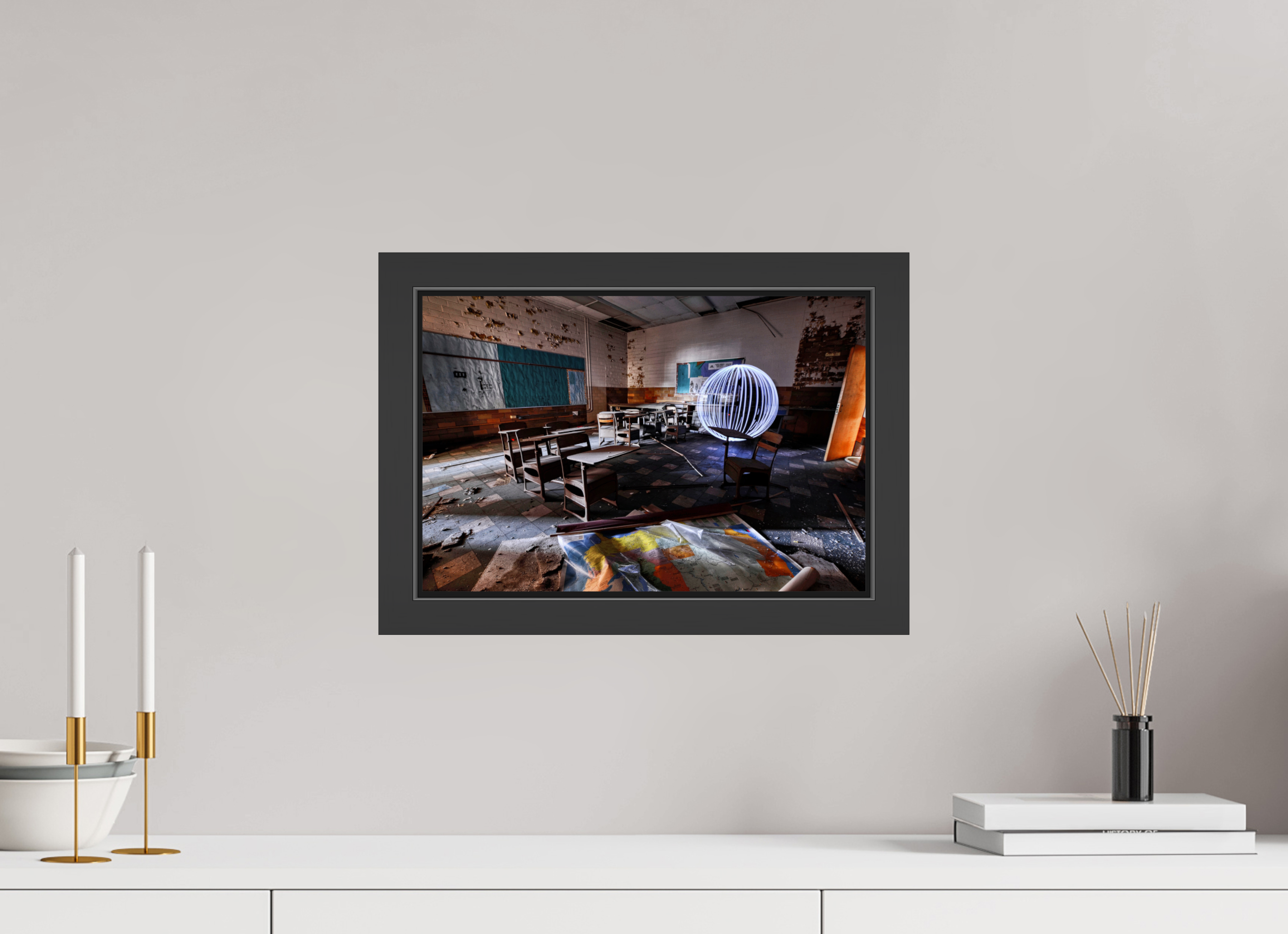 15 x 10″, Framed (Black) White Orb in Abandoned Classroom