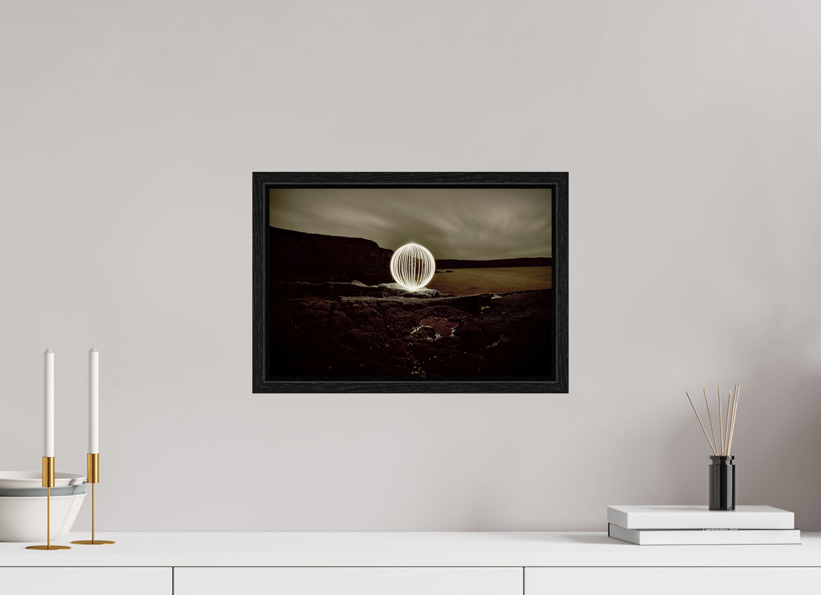 15 x 10″, Floater Frame B&W Orb on the beach in Wales