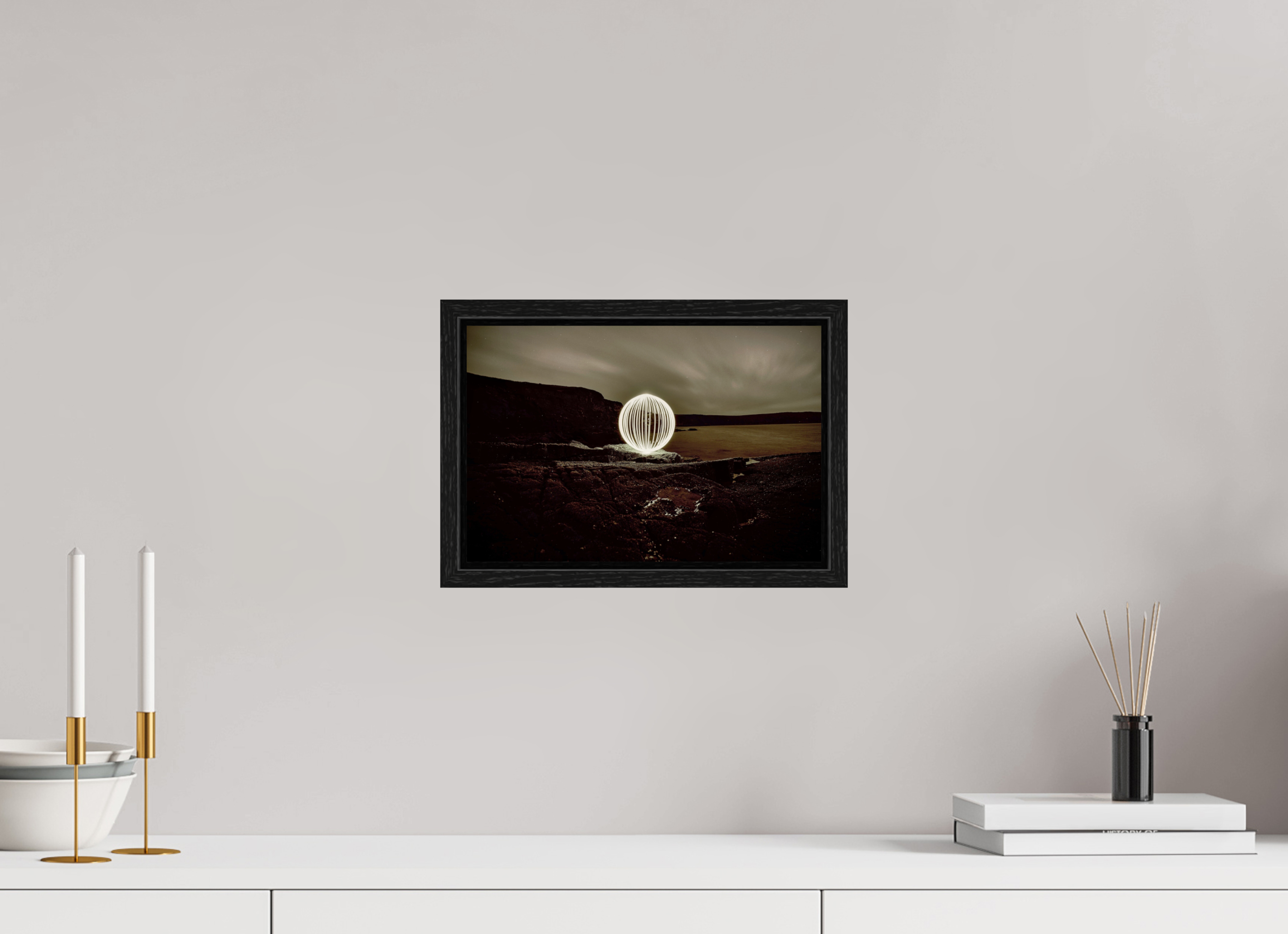 12 x 8″, Floater Frame B&W Orb on the beach in Wales