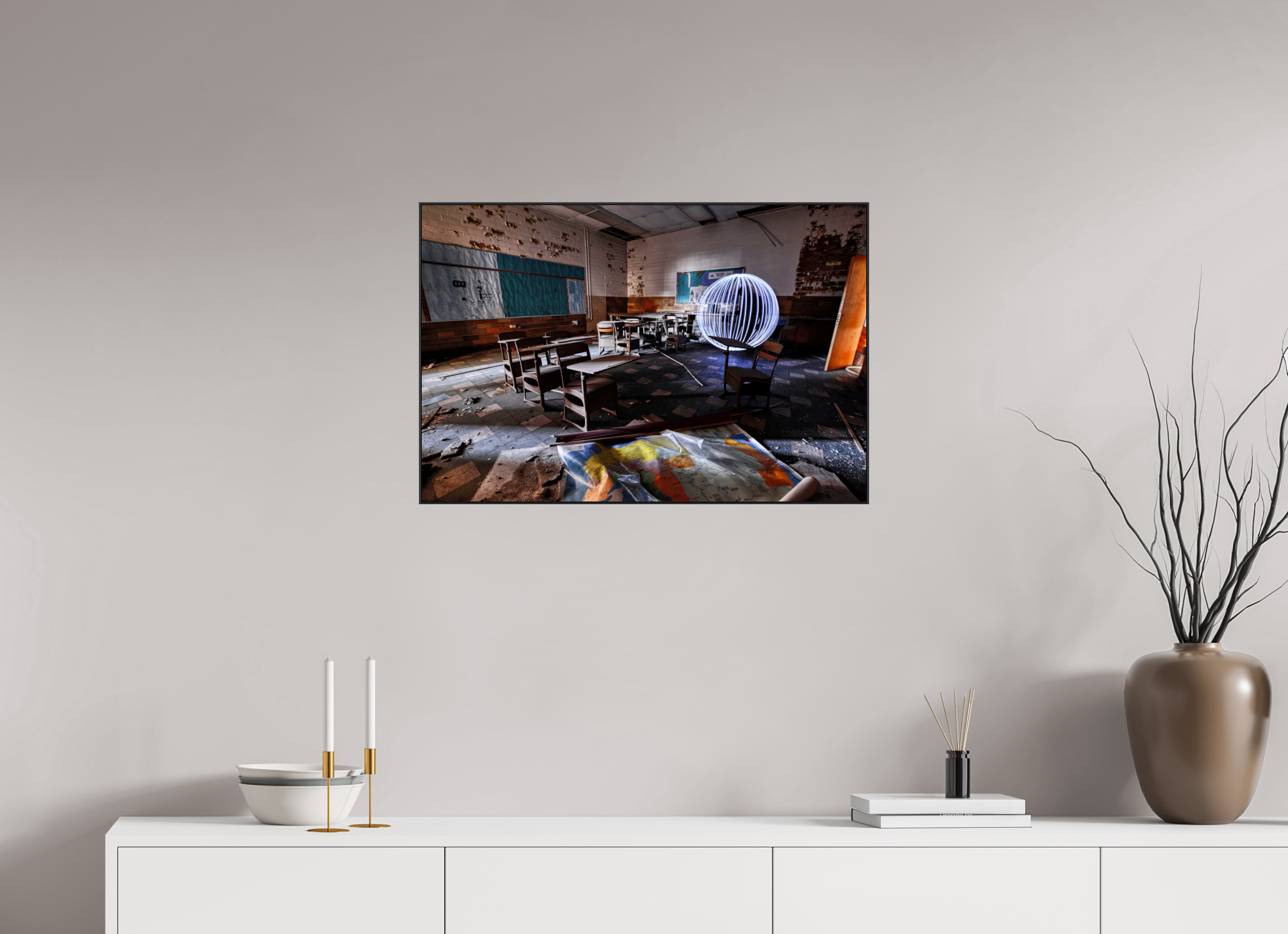 30 x 20″, Photo Print Aluminum (Black) White Orb in Abandoned Classroom
