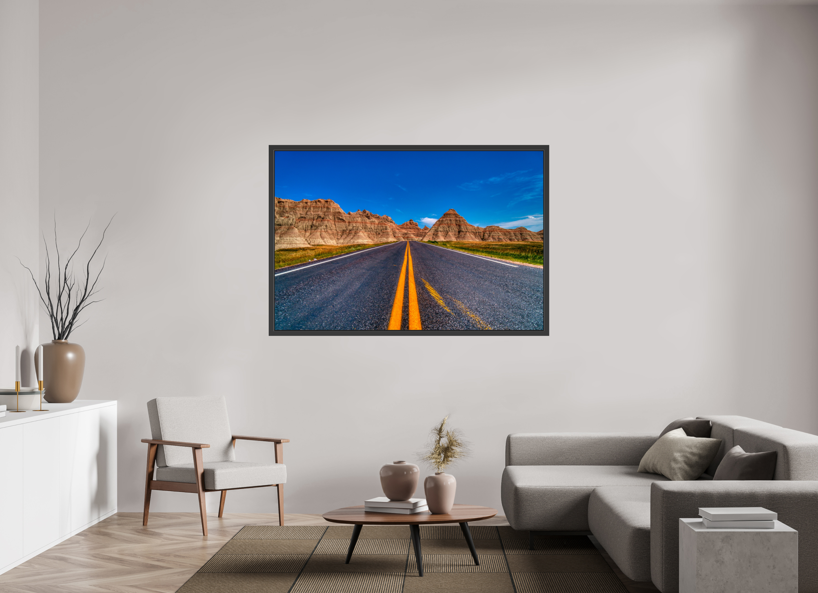 66 x 44″, Framed (Black) A Drive Through Badlands