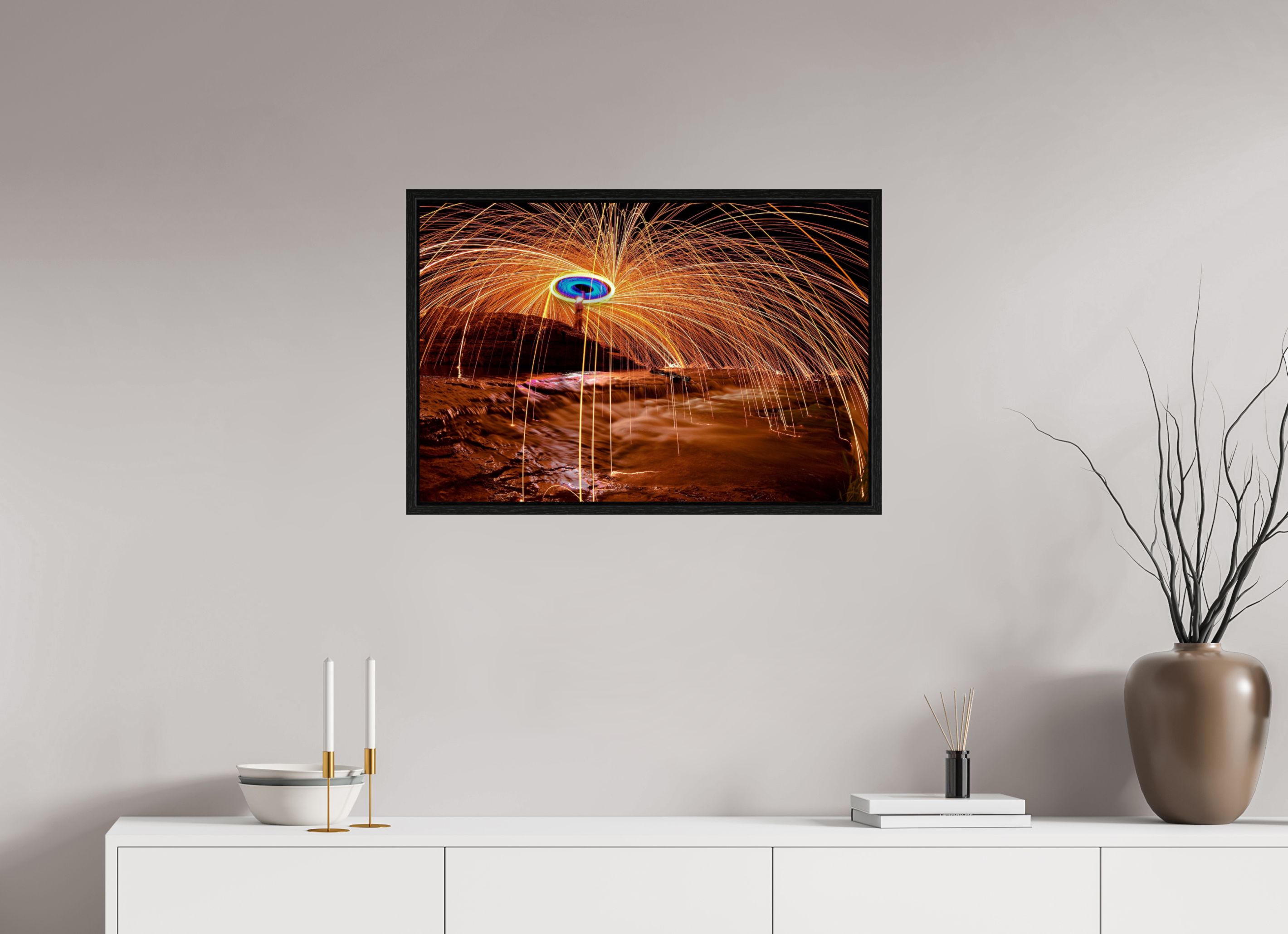 30 x 20″, Floater Frame Steel Wool over Waterfall