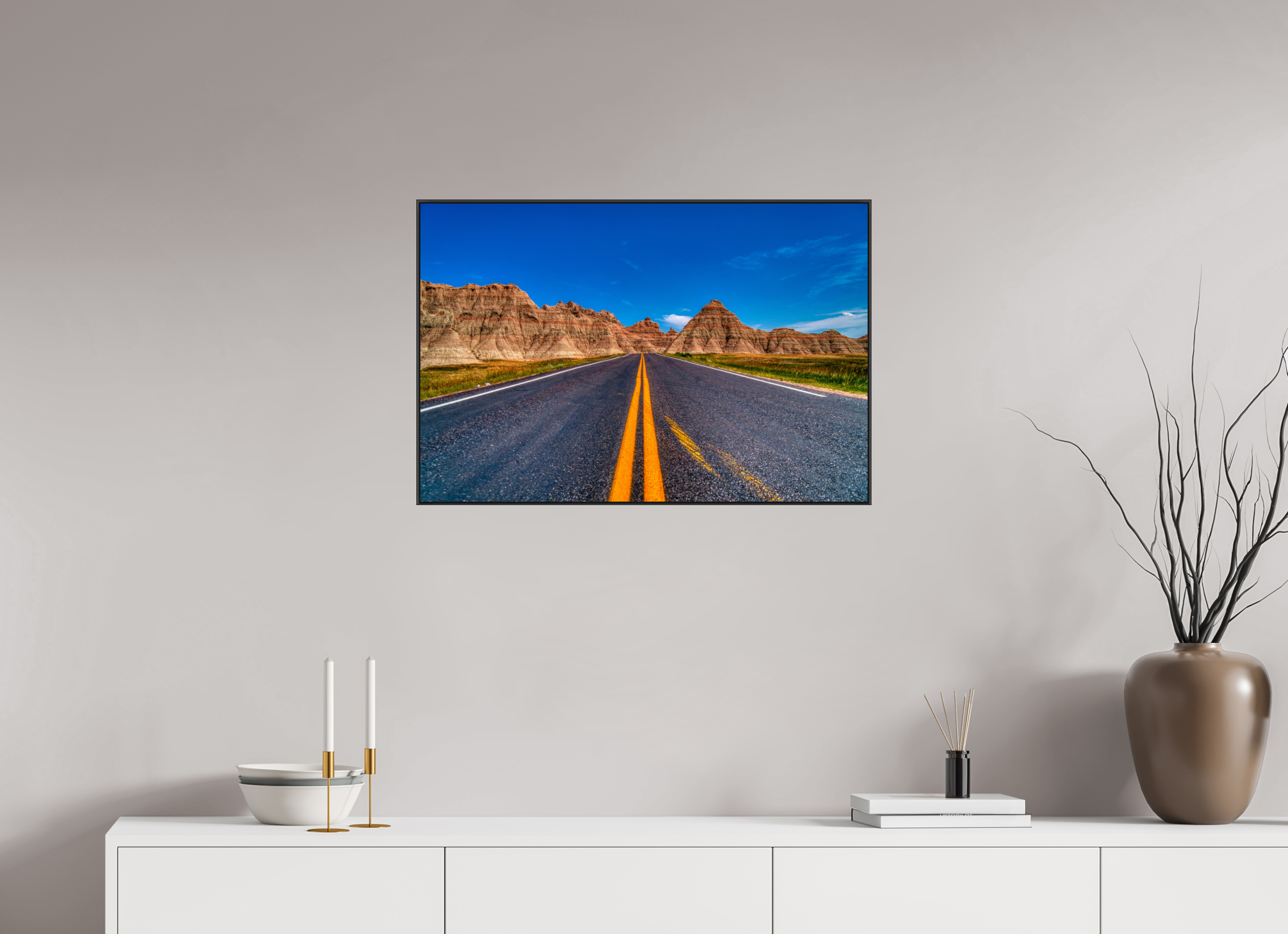 30 x 20″, Famed Aluminum (Black) A Drive Through Badlands