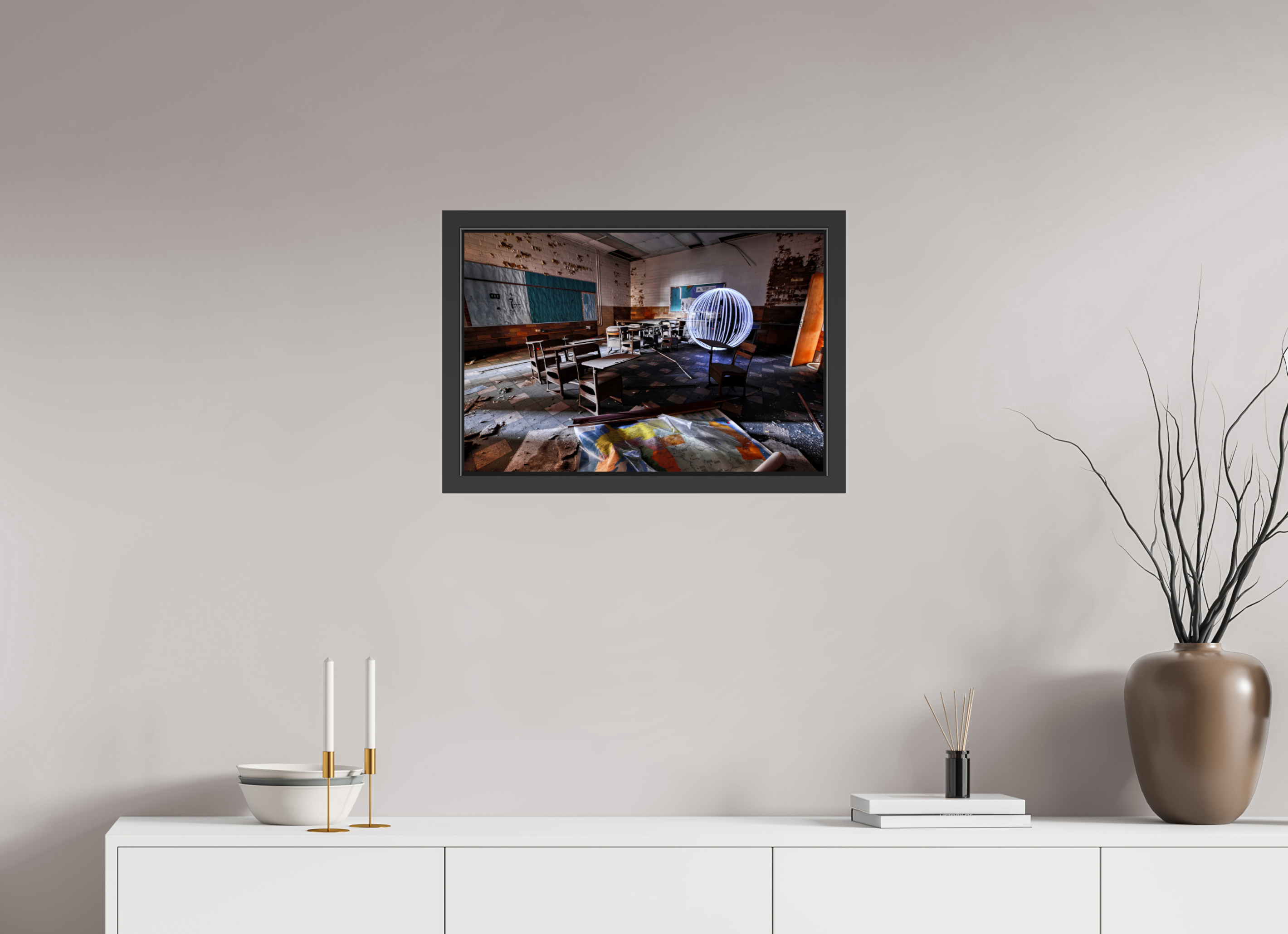 24 x 16″, Framed (Black) White Orb in Abandoned Classroom