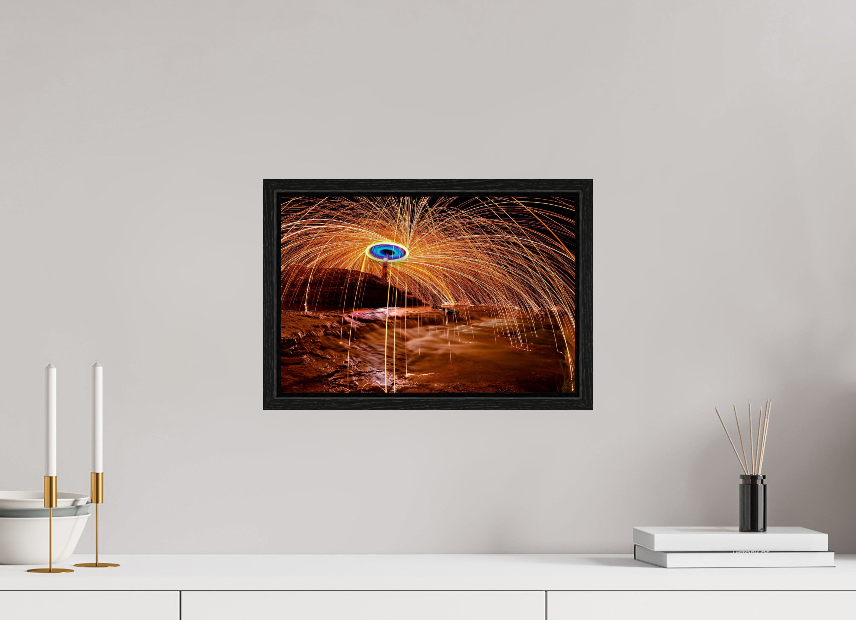 15 x 10″, Floater Frame Steel Wool over Waterfall