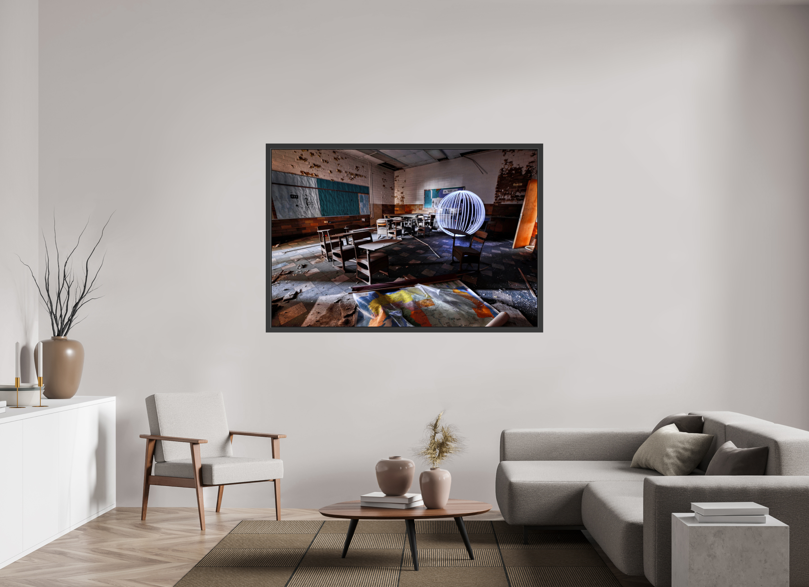 66 x 44″, Framed (Black) White Orb in Abandoned Classroom