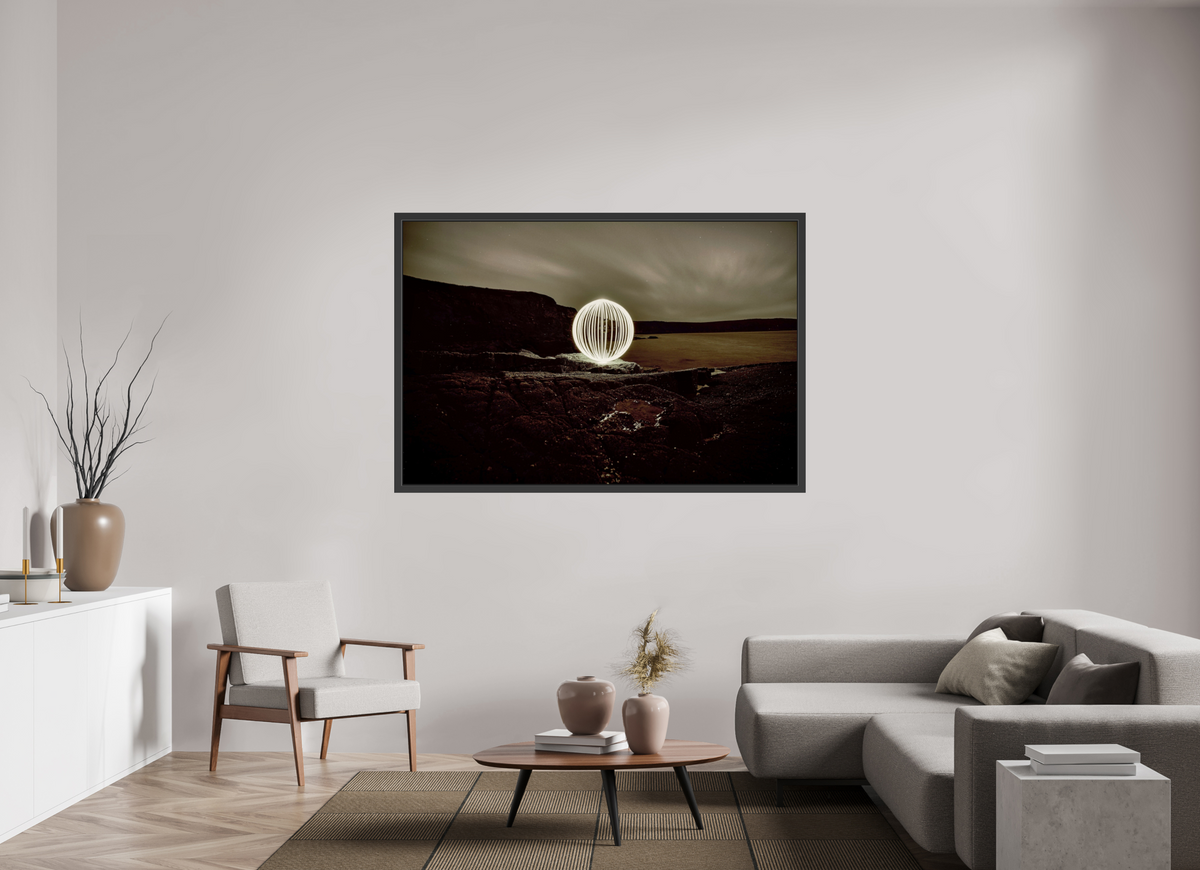 66 x 44″, Framed (Black) B&W Orb on the beach in Wales