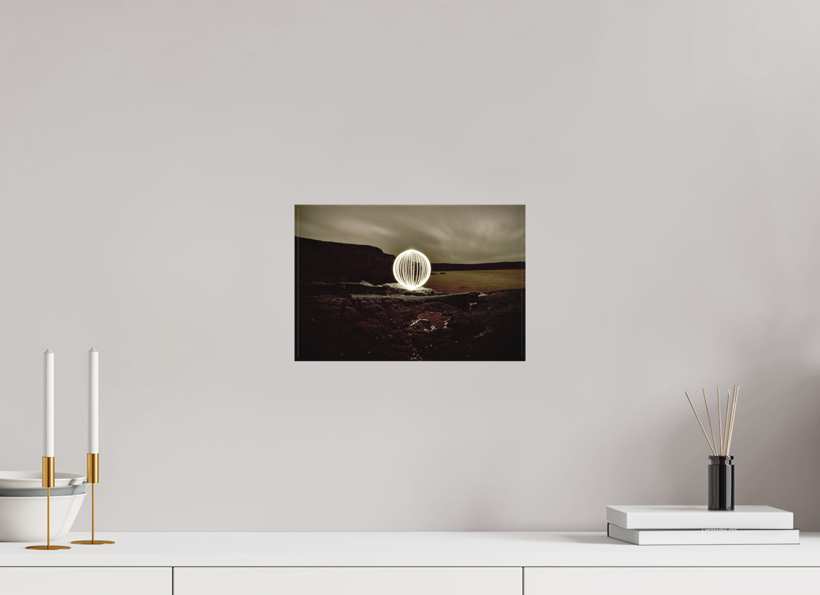 12 x 8″, Matte Canvas B&W Orb on the beach in Wales
