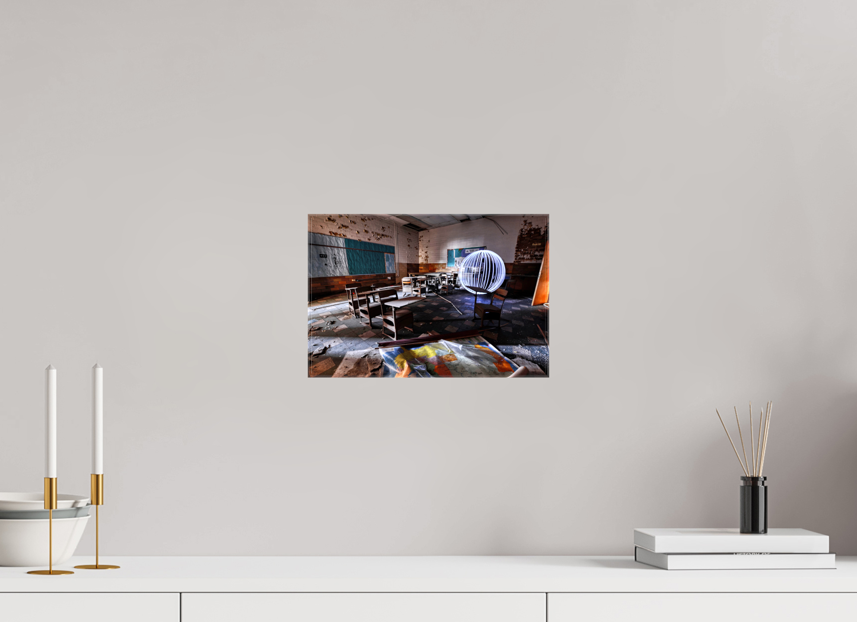 12 x 8″, Glossy Canvas White Orb in Abandoned Classroom