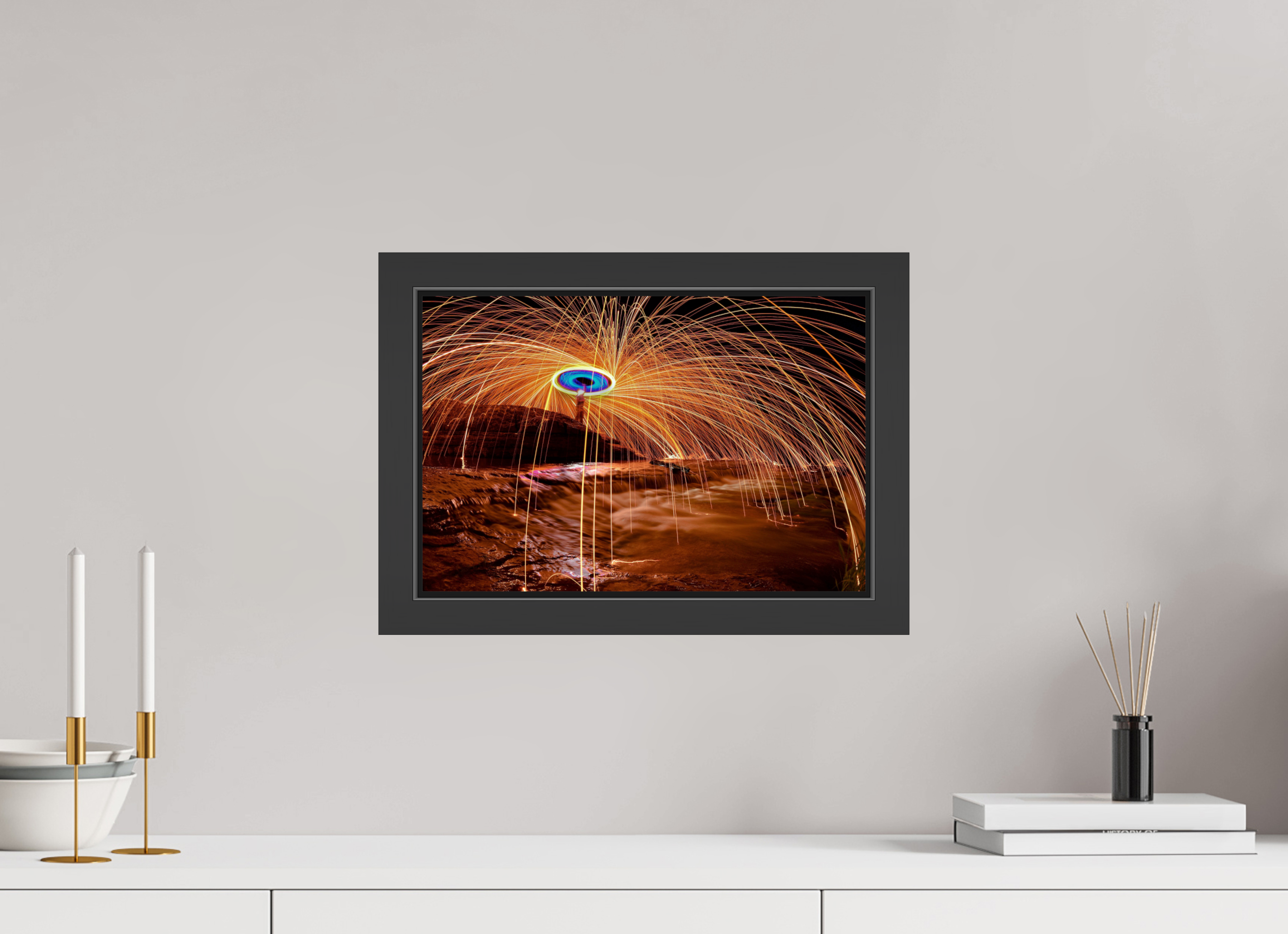 15 x 10″, Framed (Black) Steel Wool over Waterfall