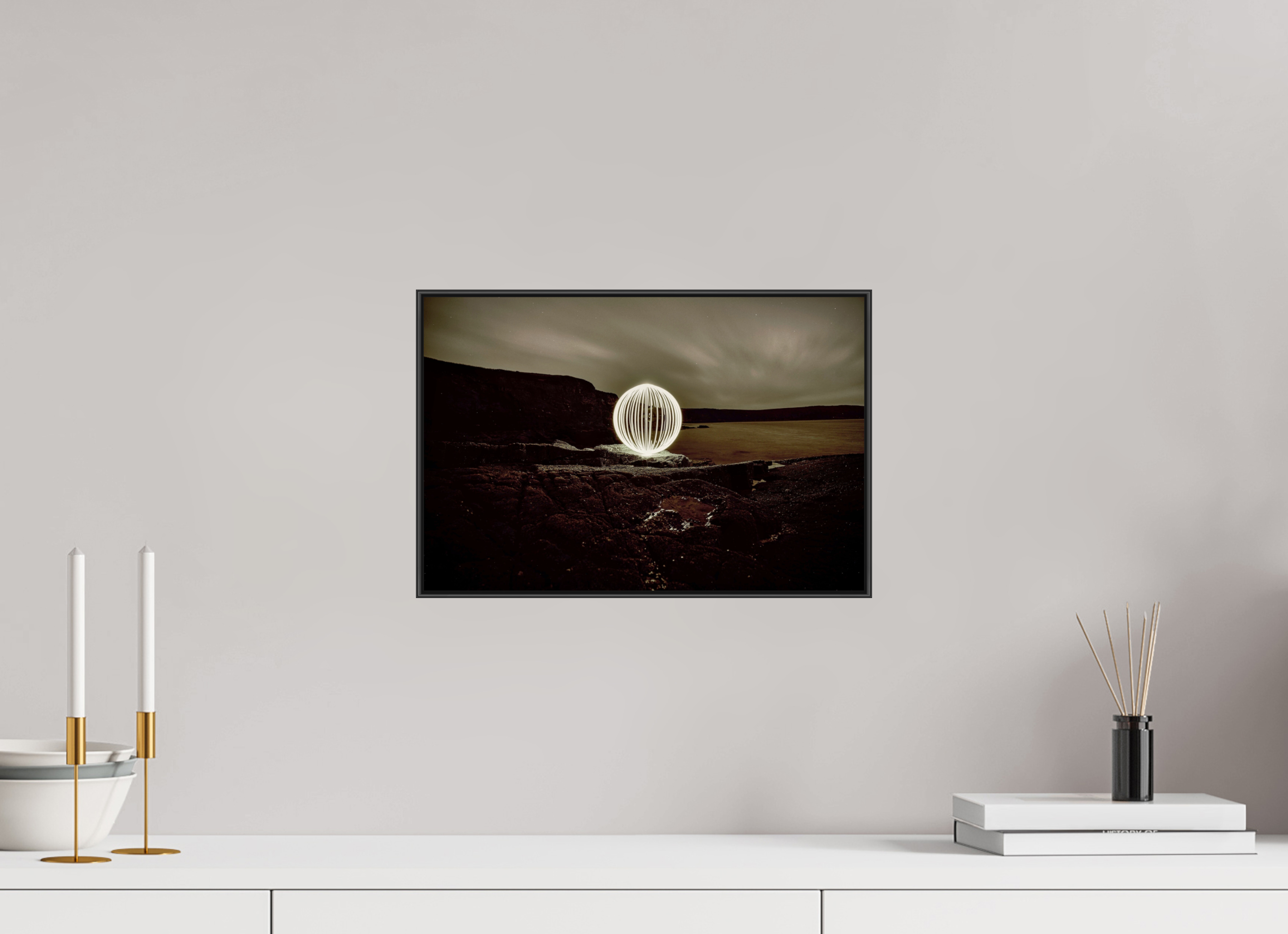 15 x 10″, Famed Aluminum (Black) B&W Orb on the beach in Wales