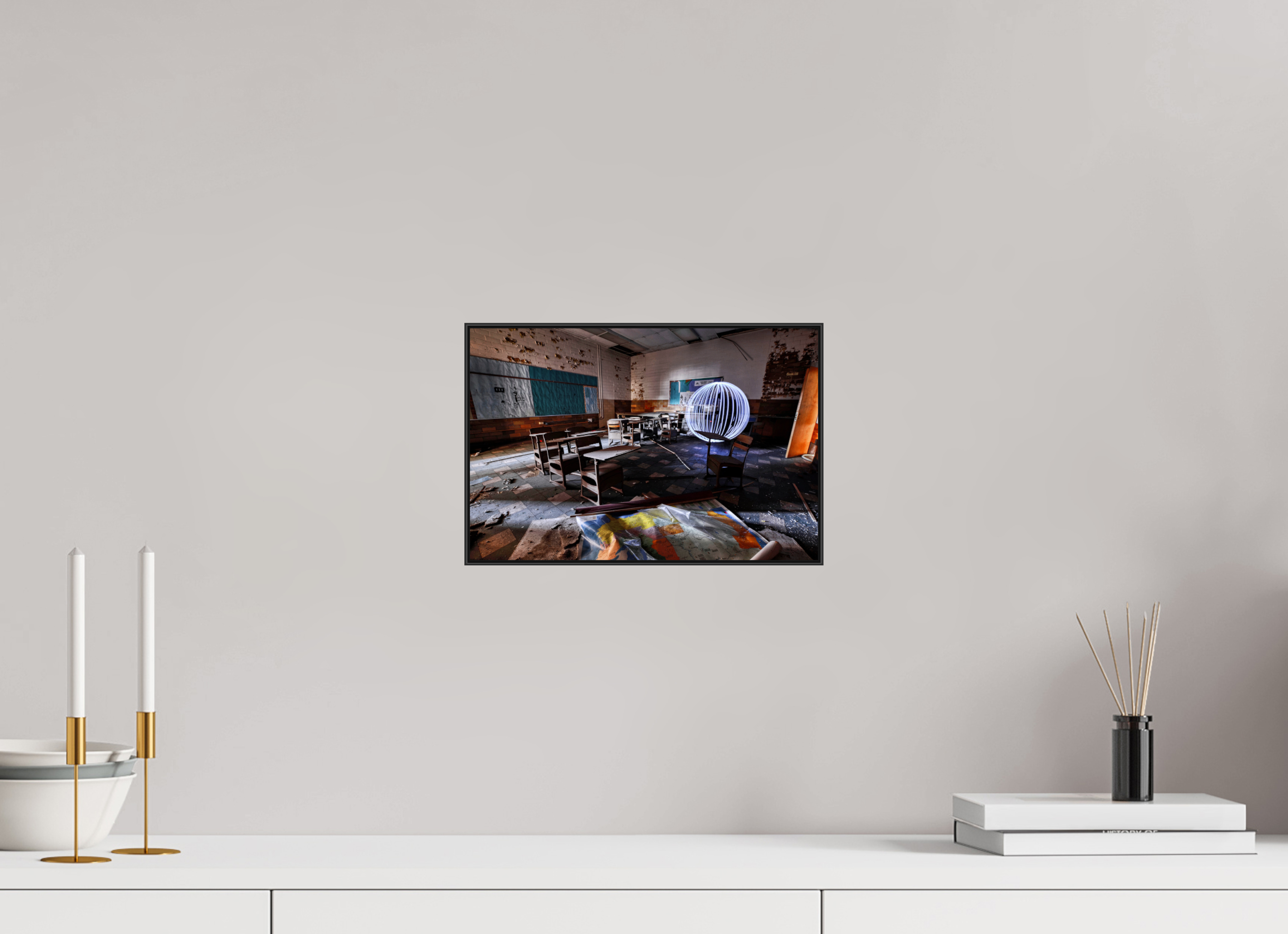 12 x 8″, Photo Print Aluminum (Black) White Orb in Abandoned Classroom
