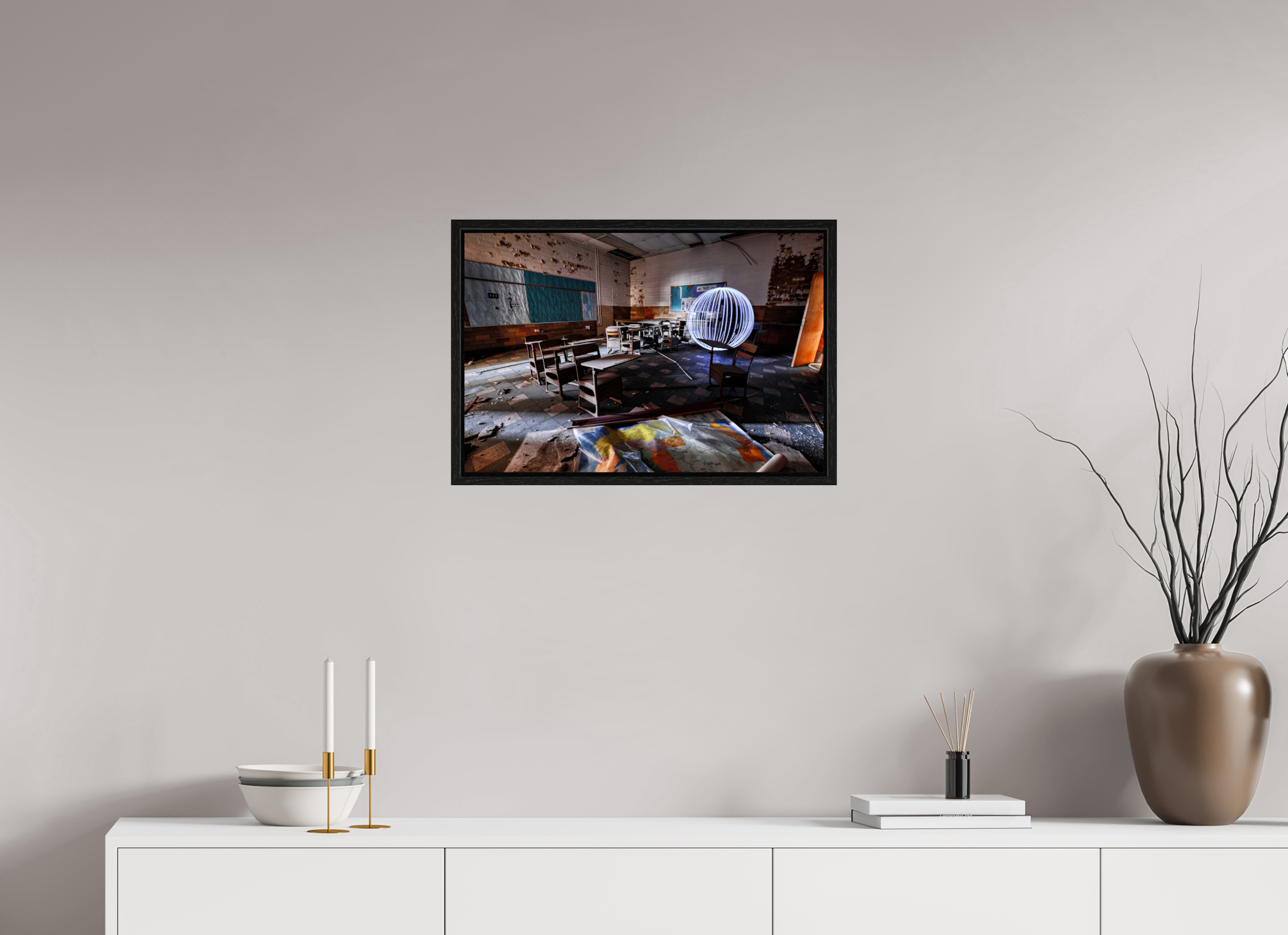 24 x 16″, Floater Frame White Orb in Abandoned Classroom