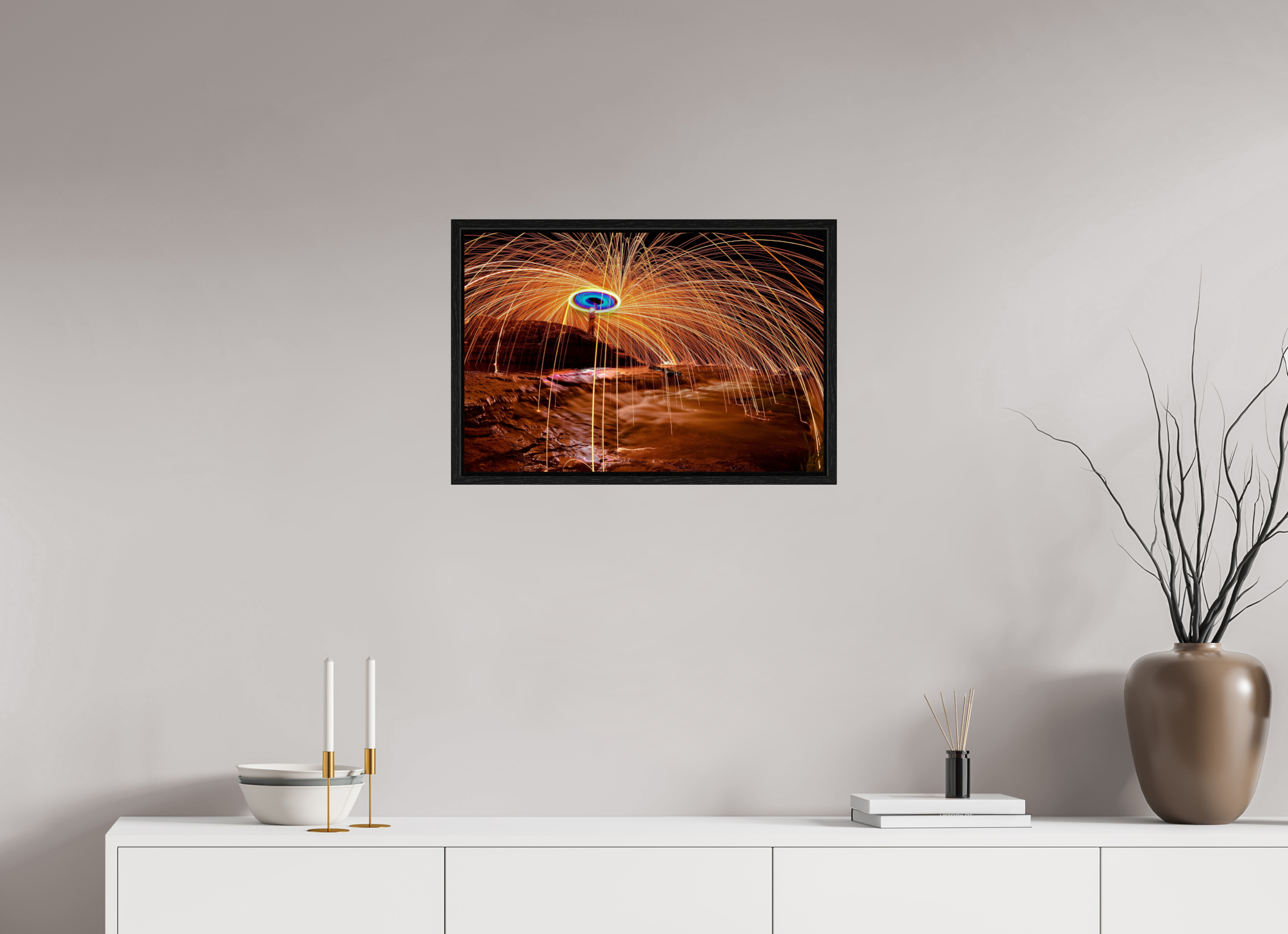 24 x 16″, Floater Frame Steel Wool over Waterfall