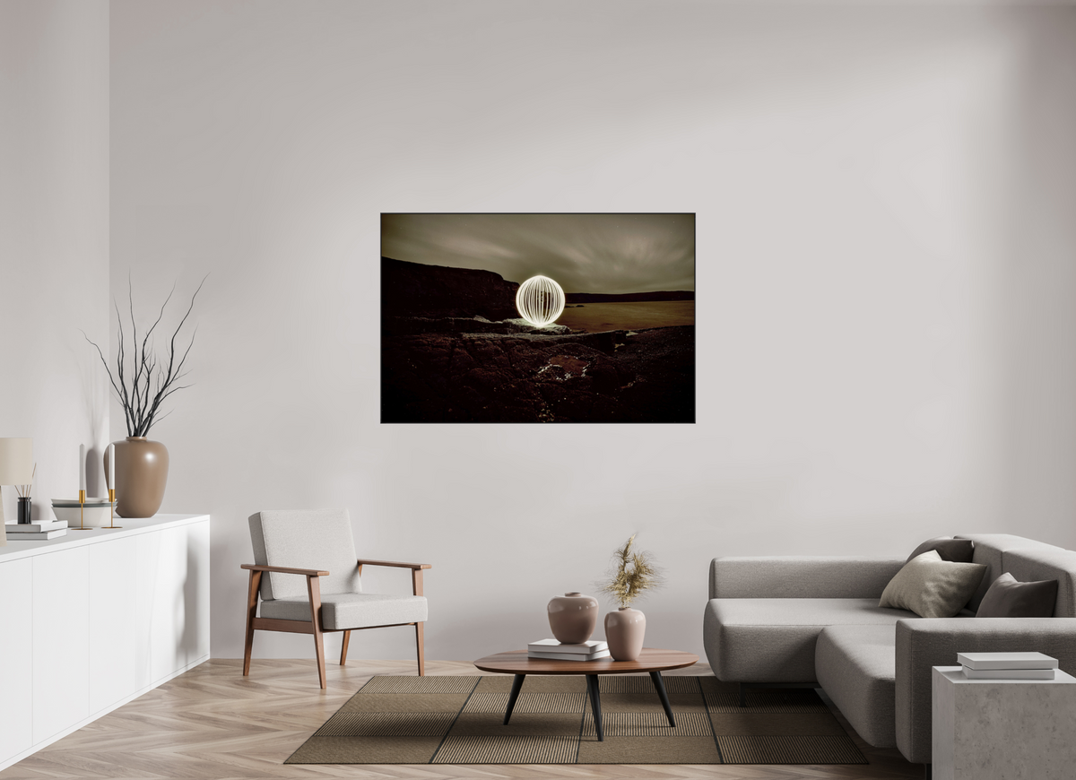 60 x 40″, Famed Aluminum (Black) B&W Orb on the beach in Wales