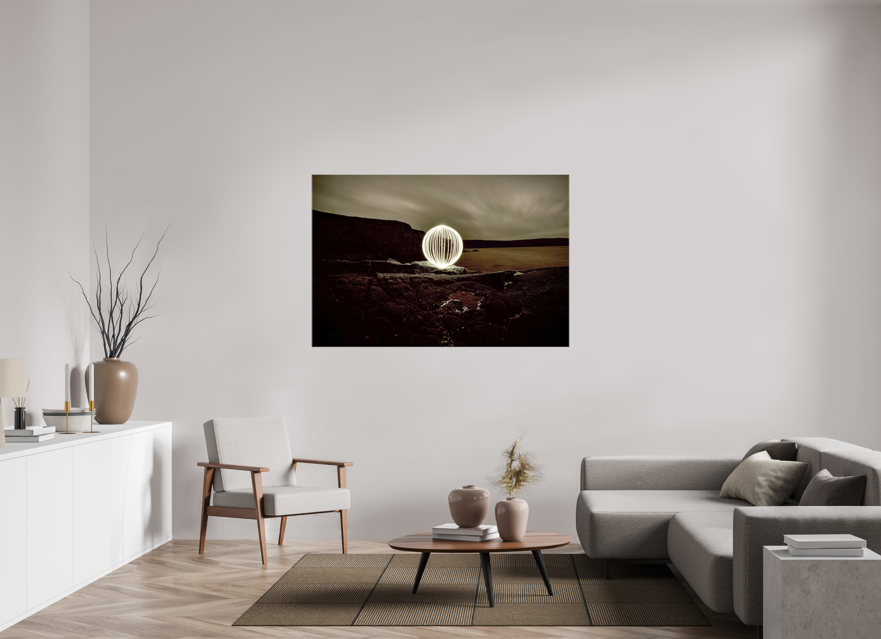 60 x 40″, Glossy Canvas B&W Orb on the beach in Wales