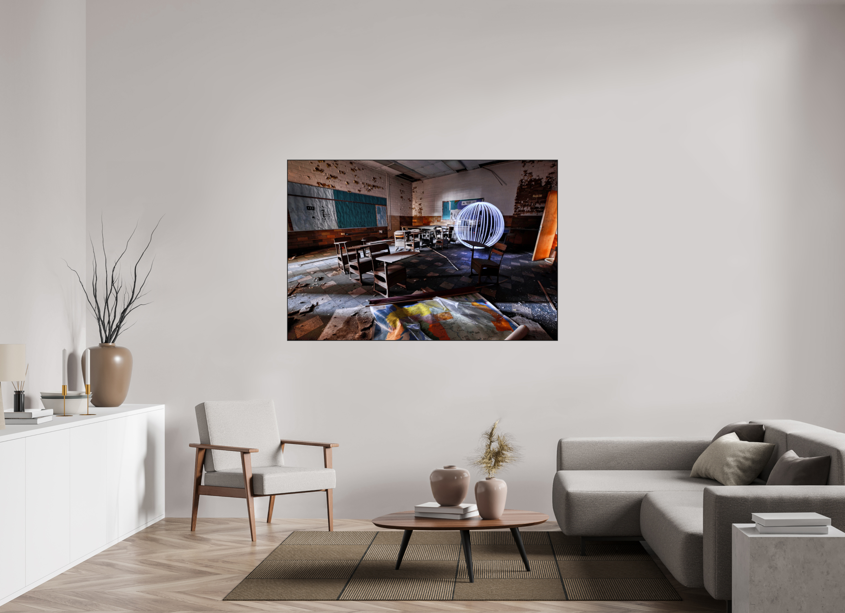 66 x 44″, Photo Print Aluminum (Black) White Orb in Abandoned Classroom