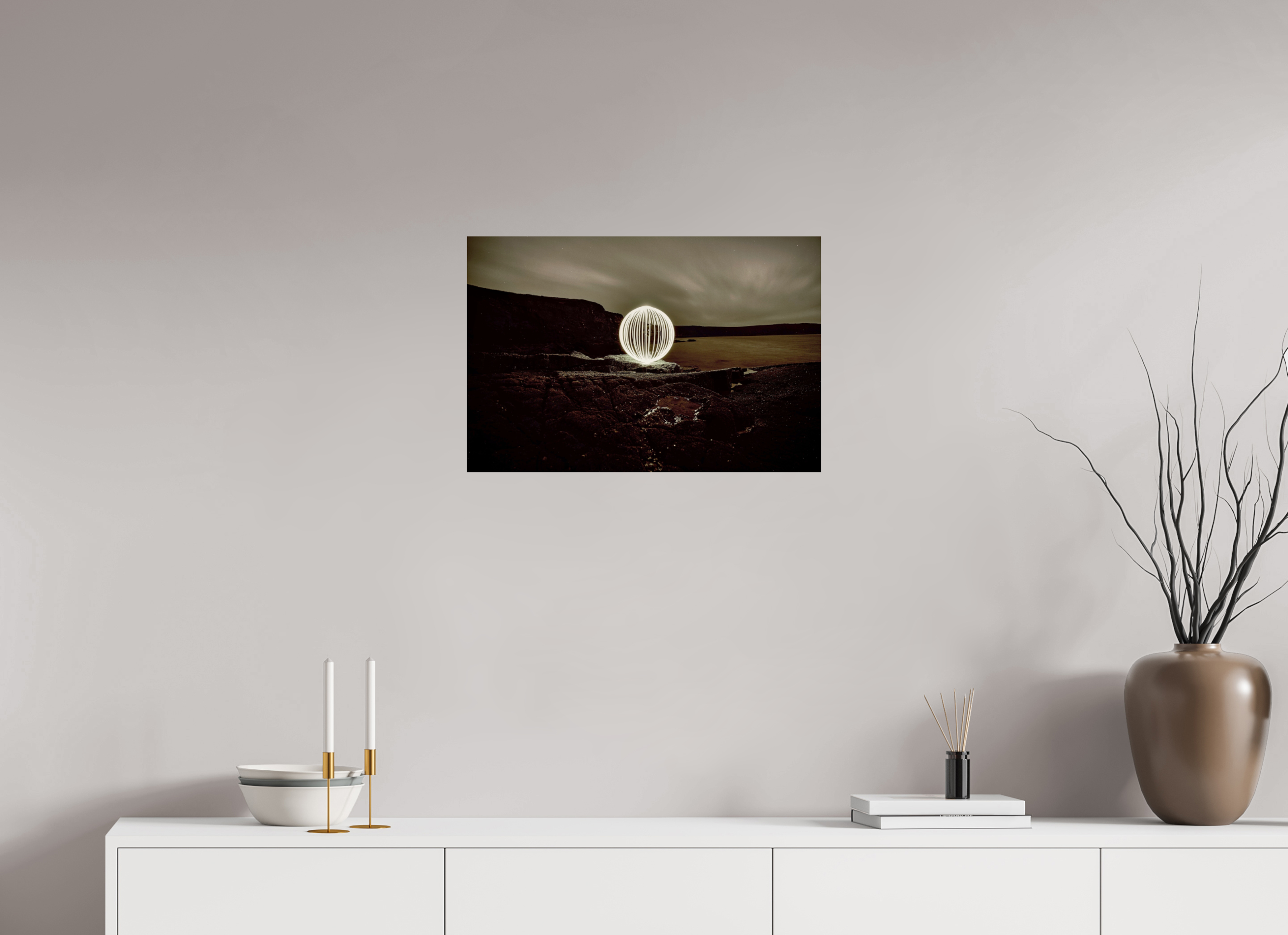 24 x 16″, Photo Print On Fuji Crystal DP II B&W Orb on the beach in Wales