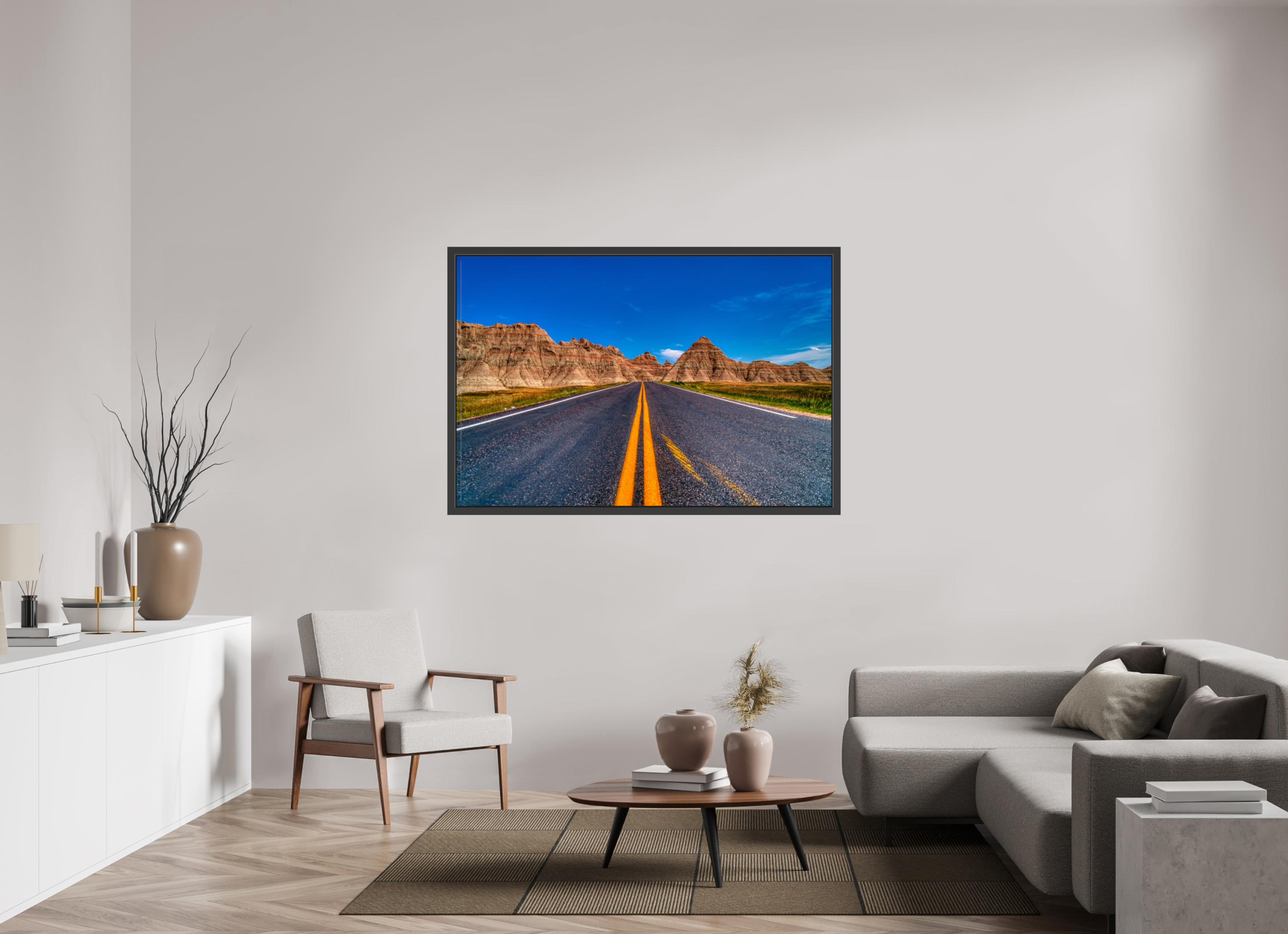 60 x 40″, Framed (Black) A Drive Through Badlands