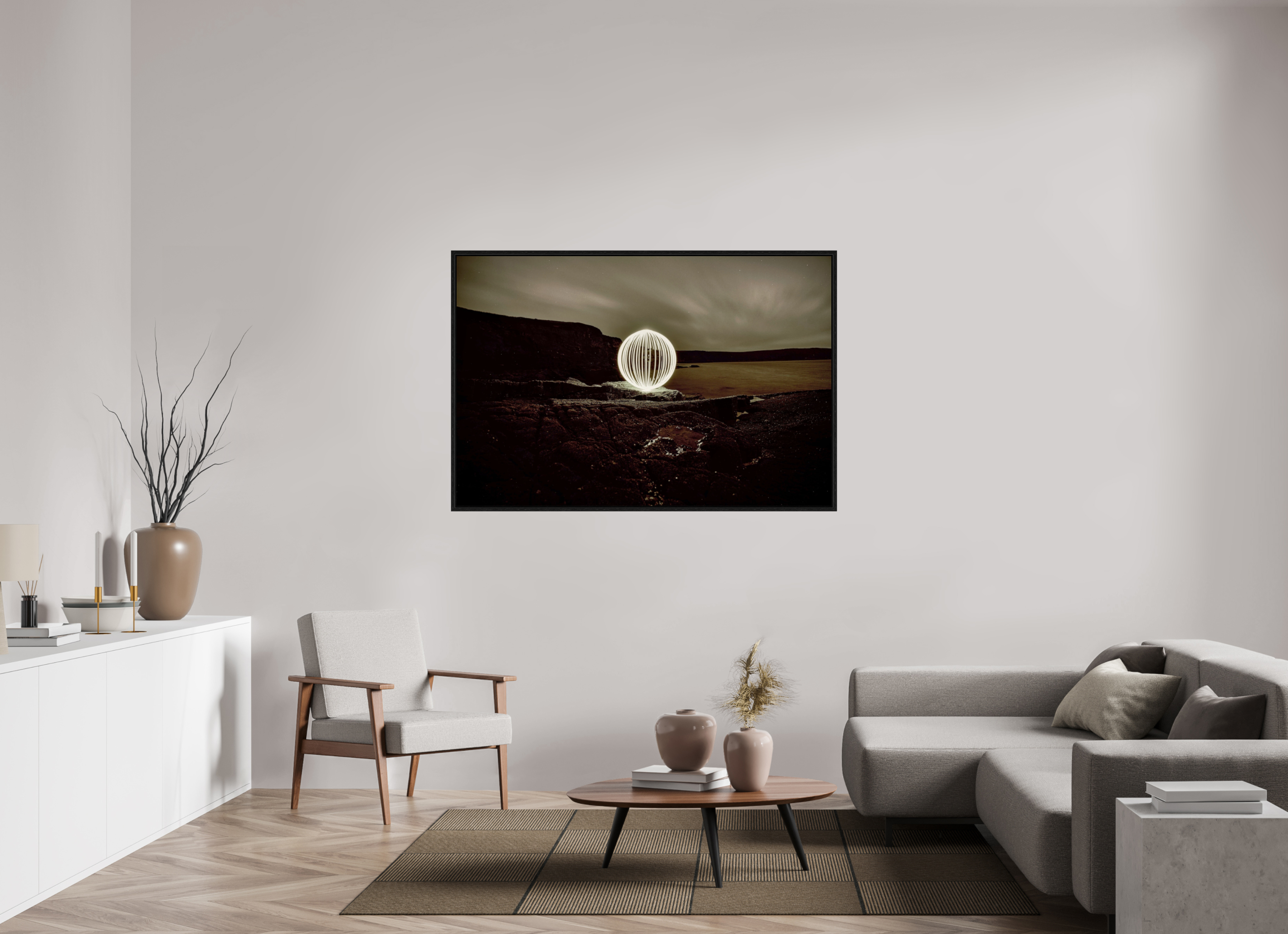 60 x 40″, Floater Frame B&W Orb on the beach in Wales