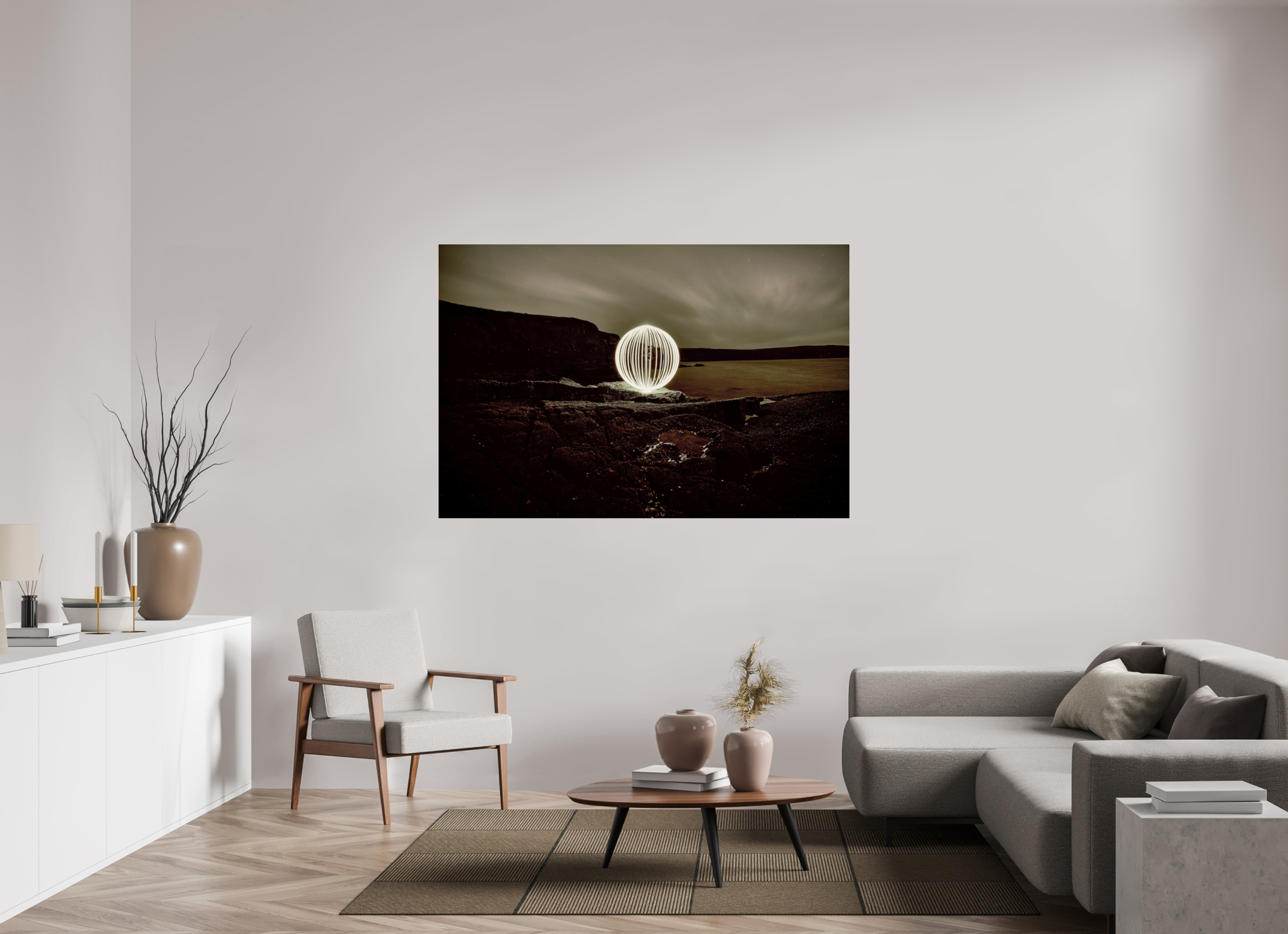 66 x 44″, Glass B&W Orb on the beach in Wales