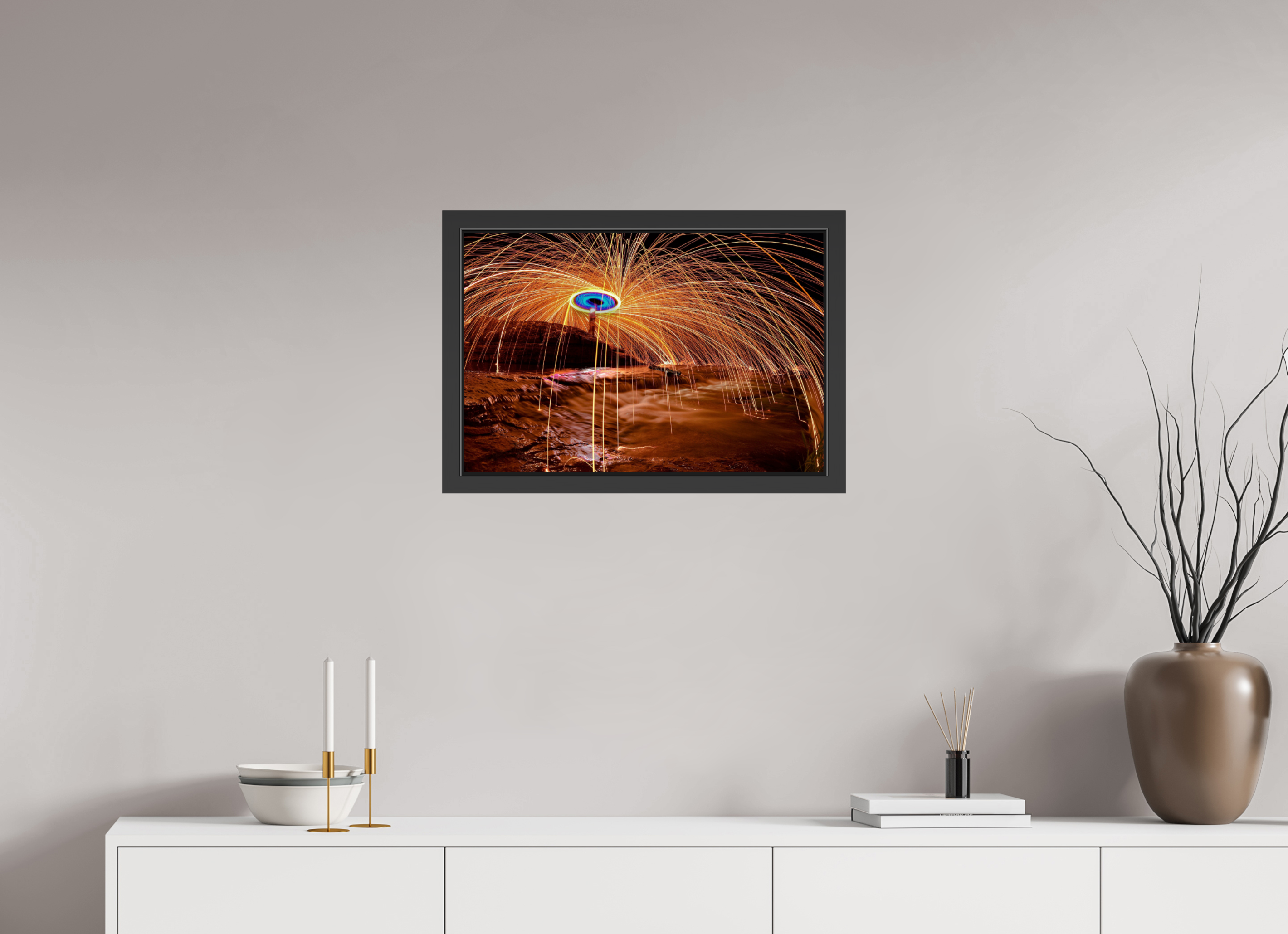 24 x 16″, Framed (Black) Steel Wool over Waterfall