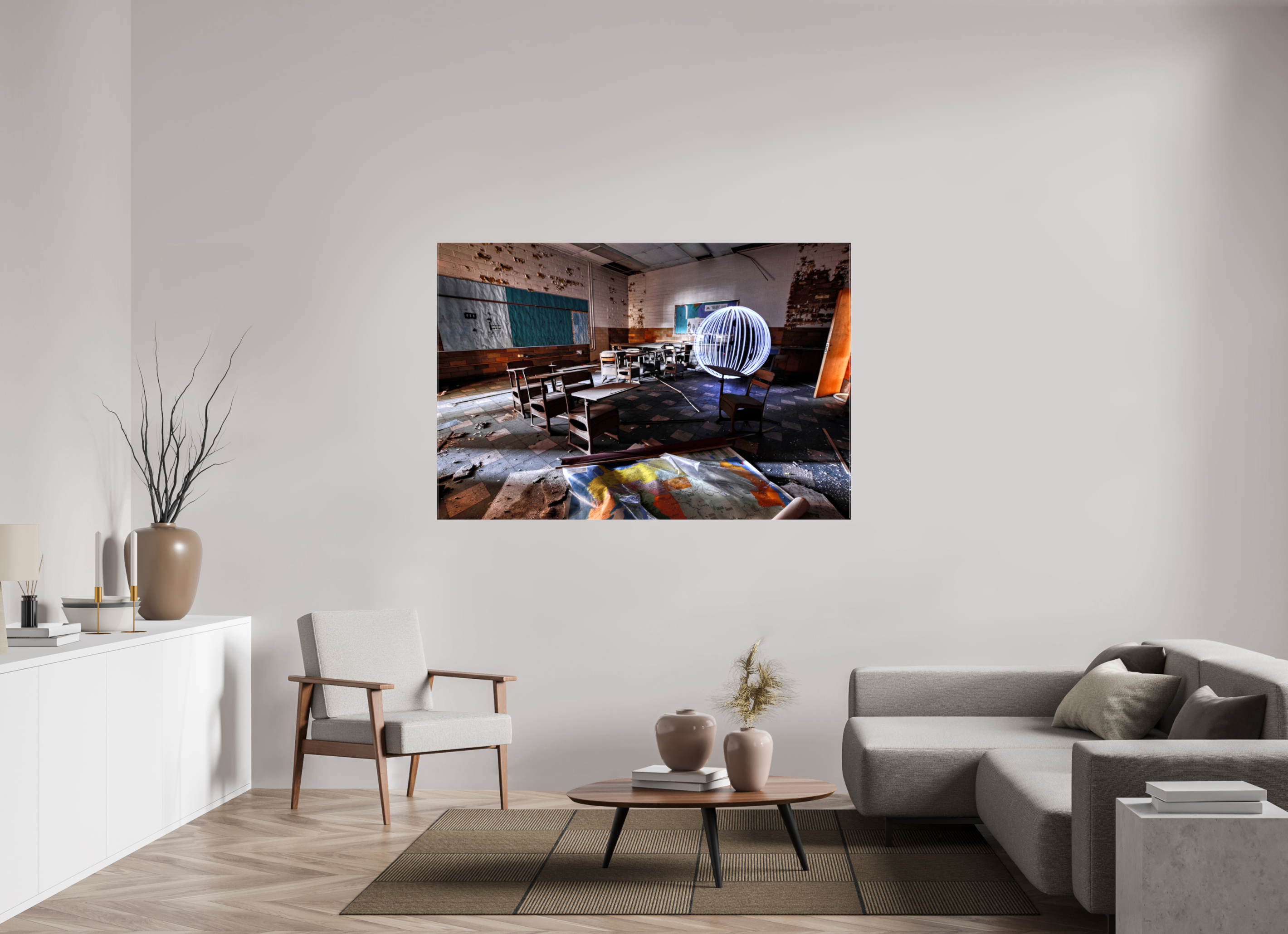 66 x 44″, Glossy Canvas White Orb in Abandoned Classroom