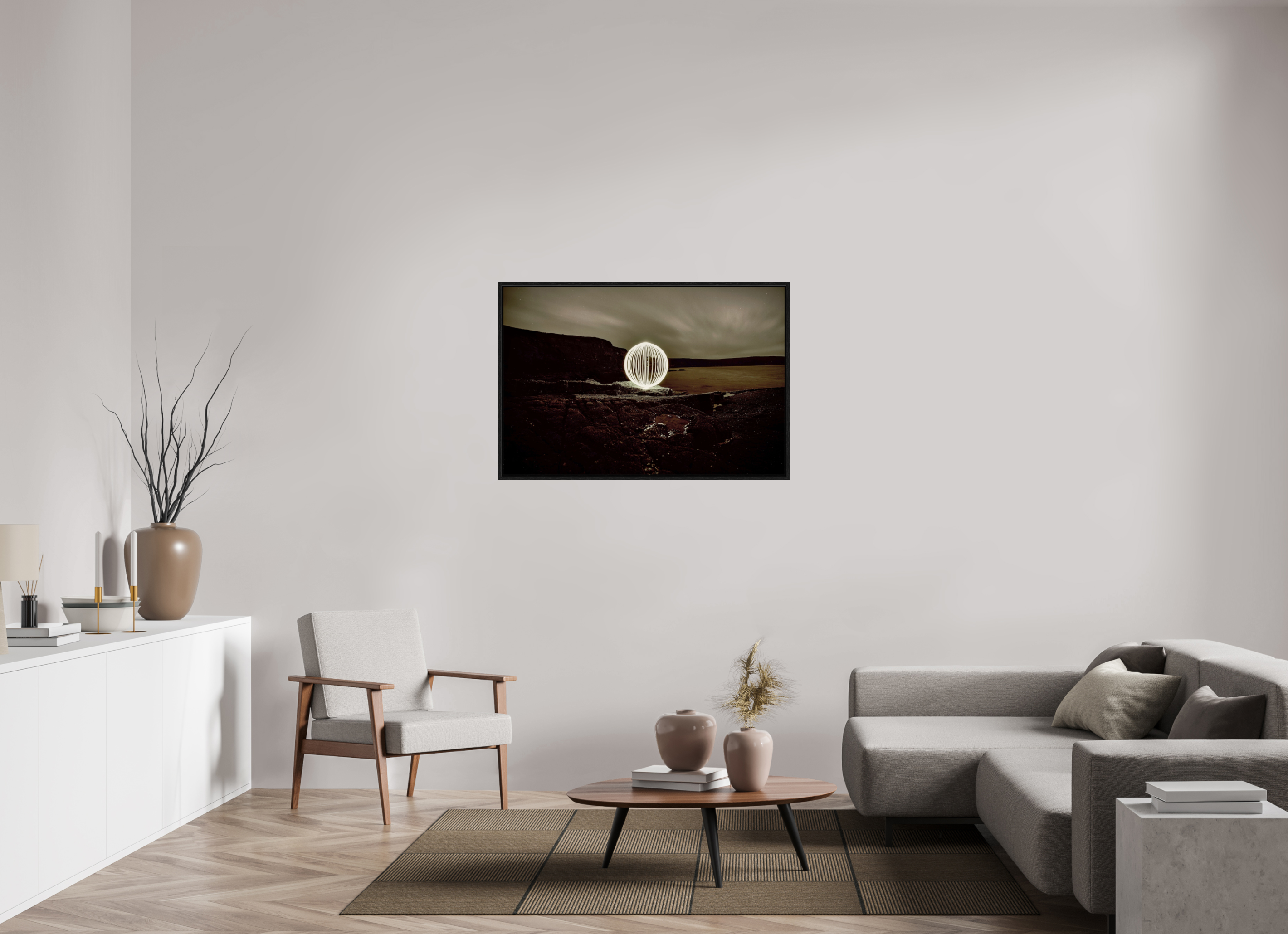 45 x 30″, Floater Frame B&W Orb on the beach in Wales